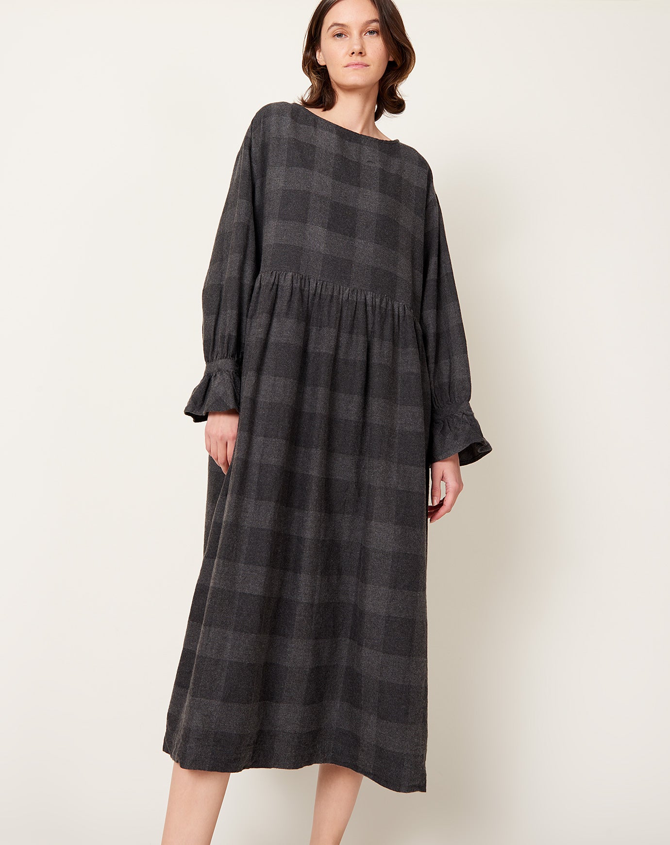 Ichi Antiquités C/YAK Wool Block Check Flannel Dress in Charcoal