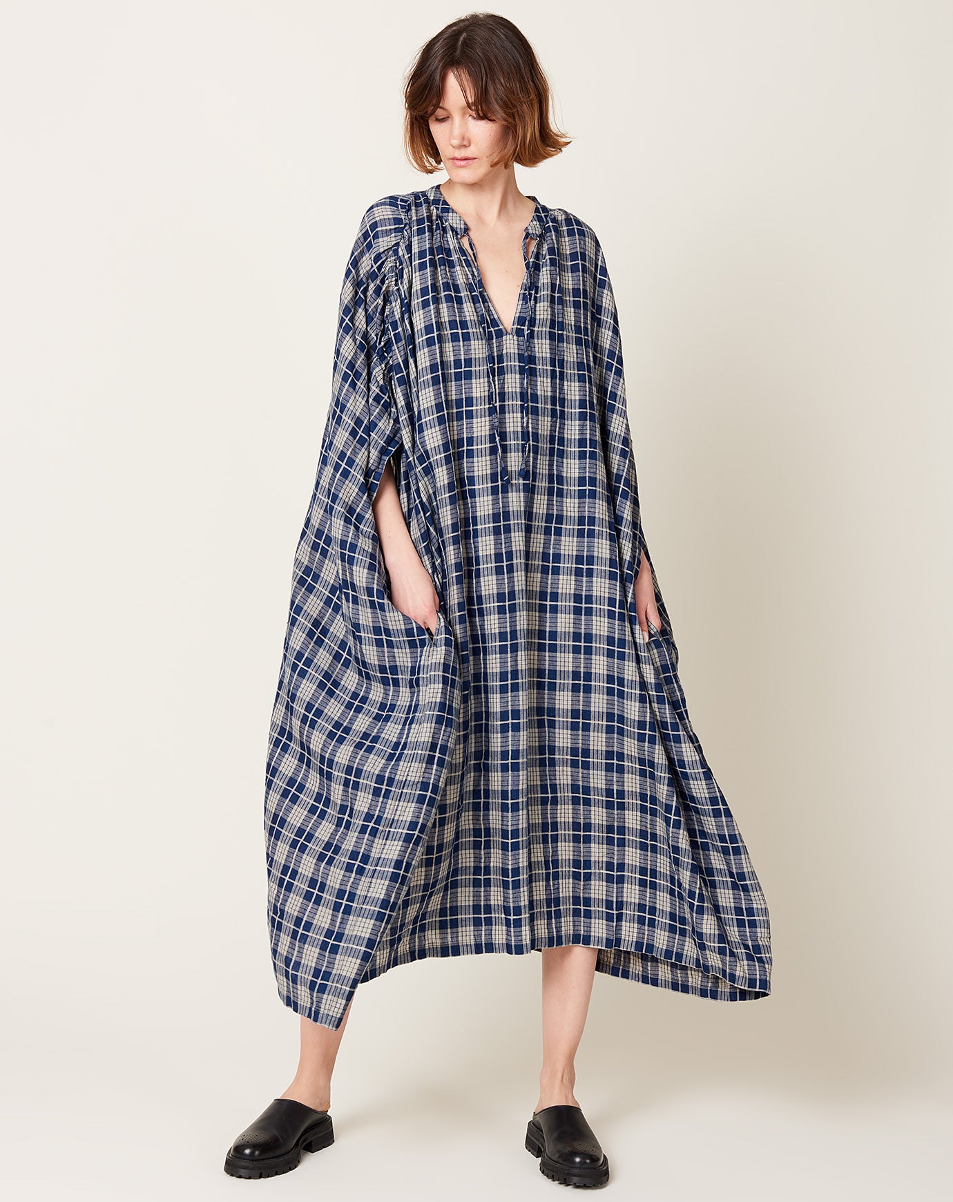 Ichi Antiquités Indigo Check Dress in Indigo Dark & Natural Stripe