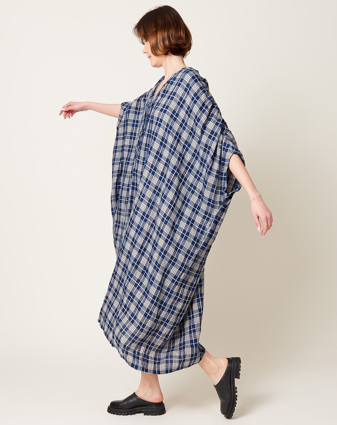 Ichi Antiquités Indigo Check Dress in Indigo Dark & Natural Stripe