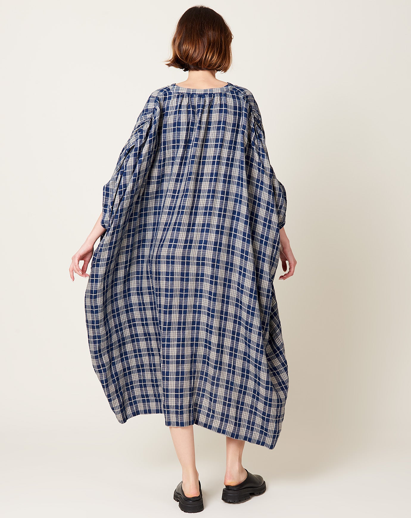 Ichi Antiquités Indigo Check Dress in Indigo Dark & Natural Stripe