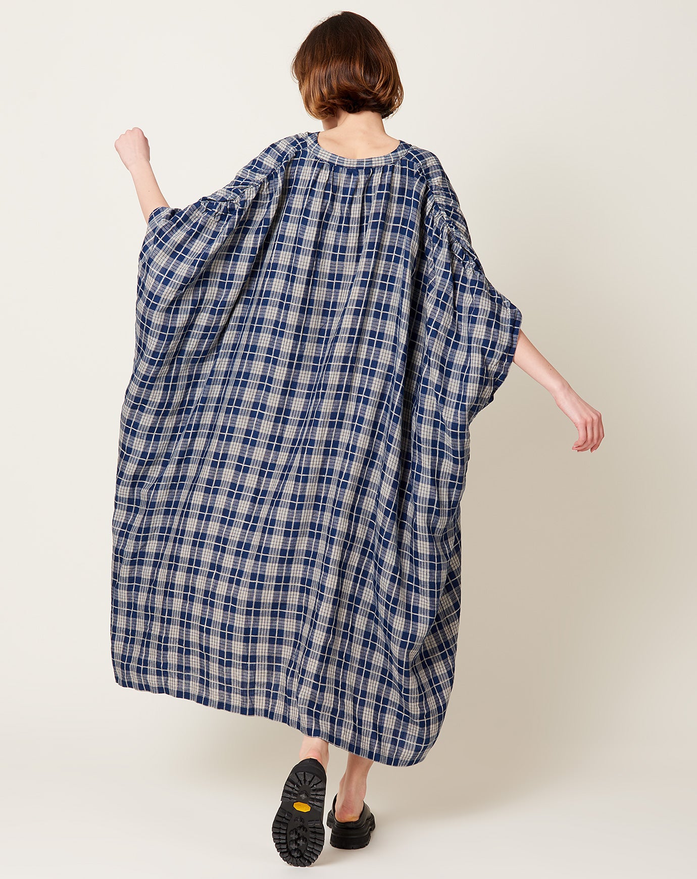 Ichi Antiquités Indigo Check Dress in Indigo Dark & Natural Stripe