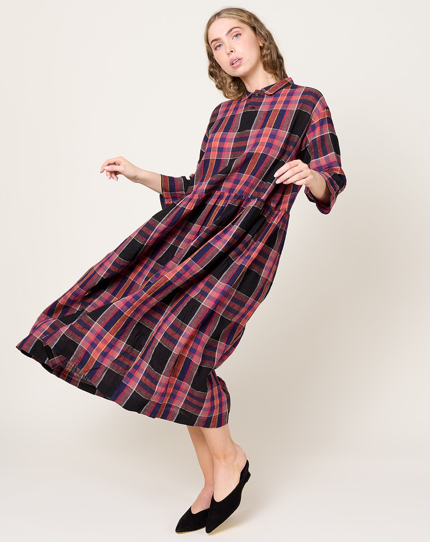 Ichi Antiquités Linen Check Dress in Black