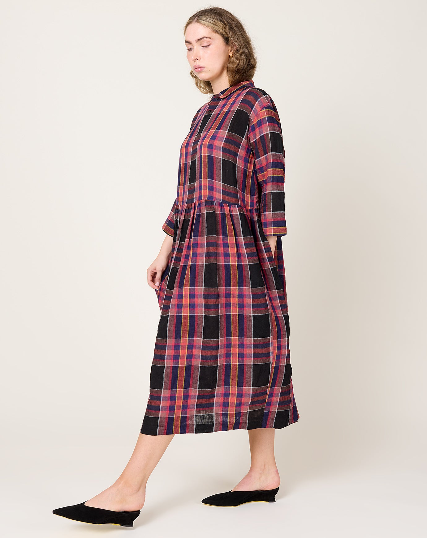 Ichi Antiquités Linen Check Dress in Black