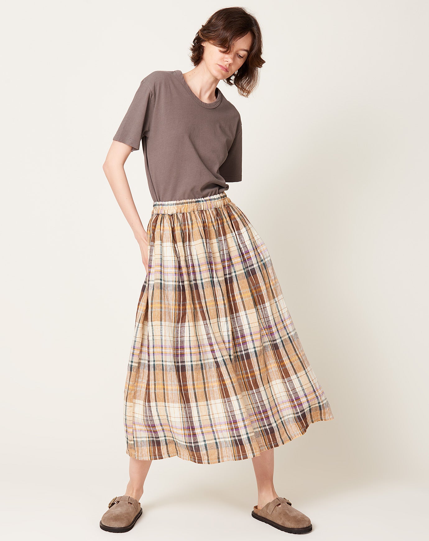 Ichi Antiquités Linen Check Skirt in Beige