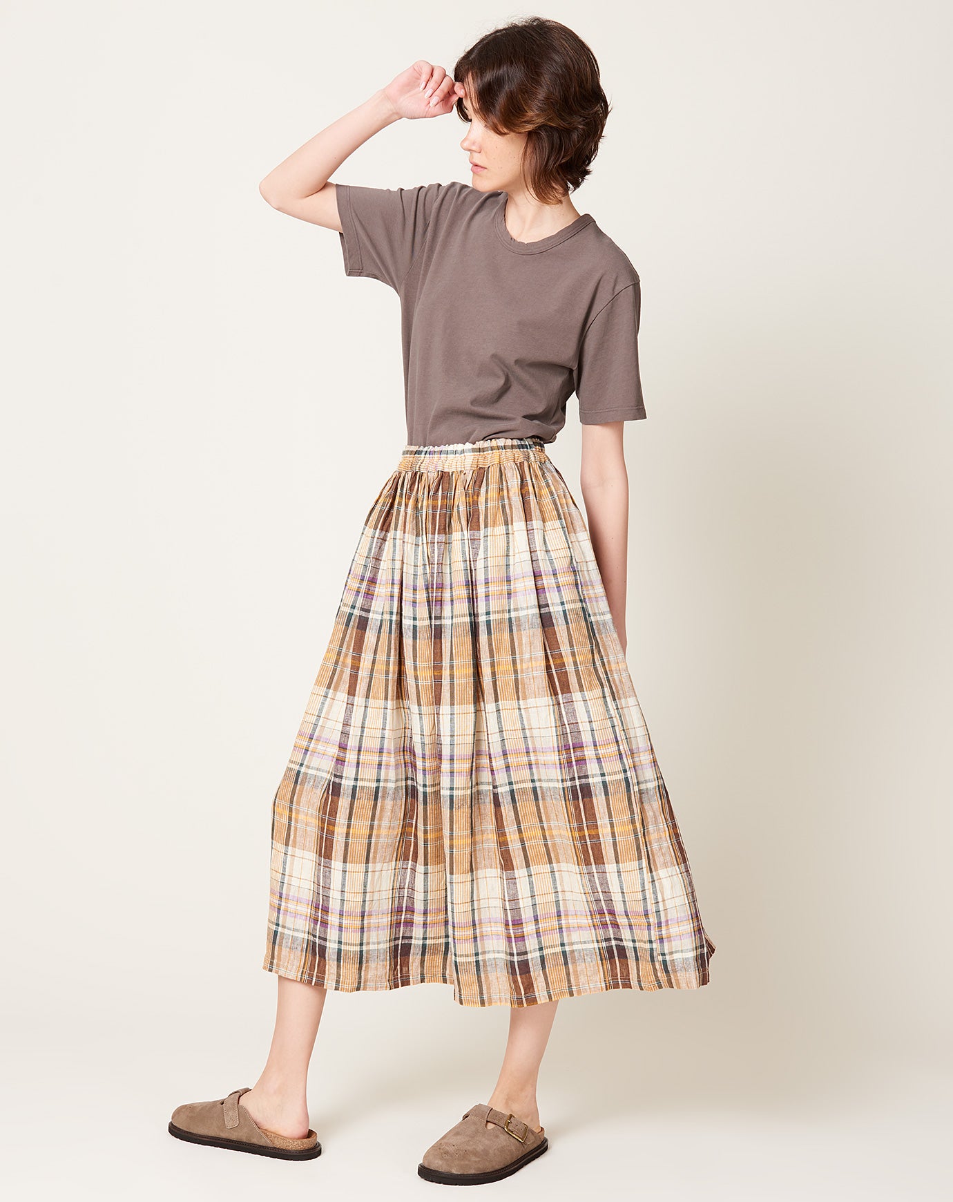 Ichi Antiquités Linen Check Skirt in Beige