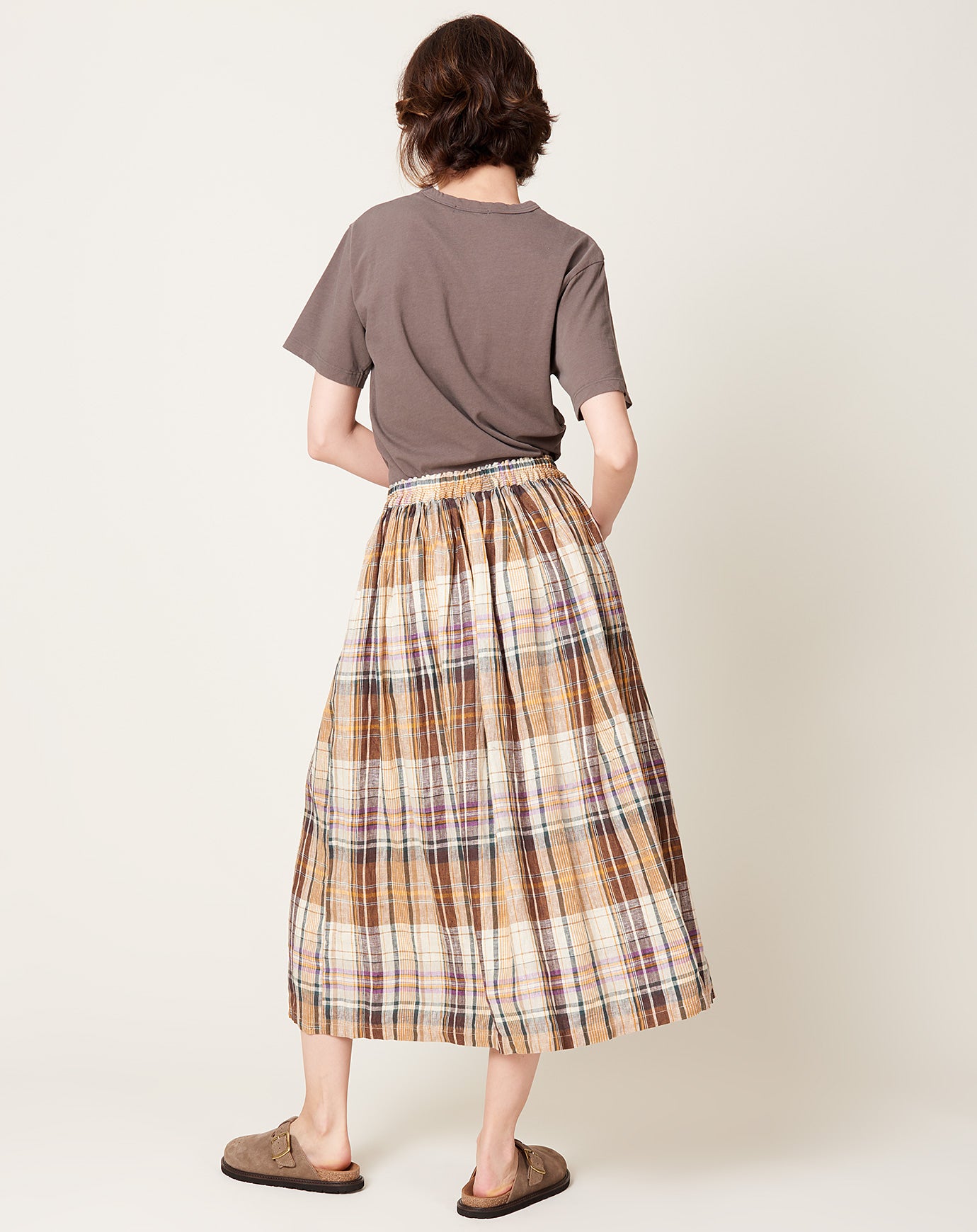 Ichi Antiquités Linen Check Skirt in Beige