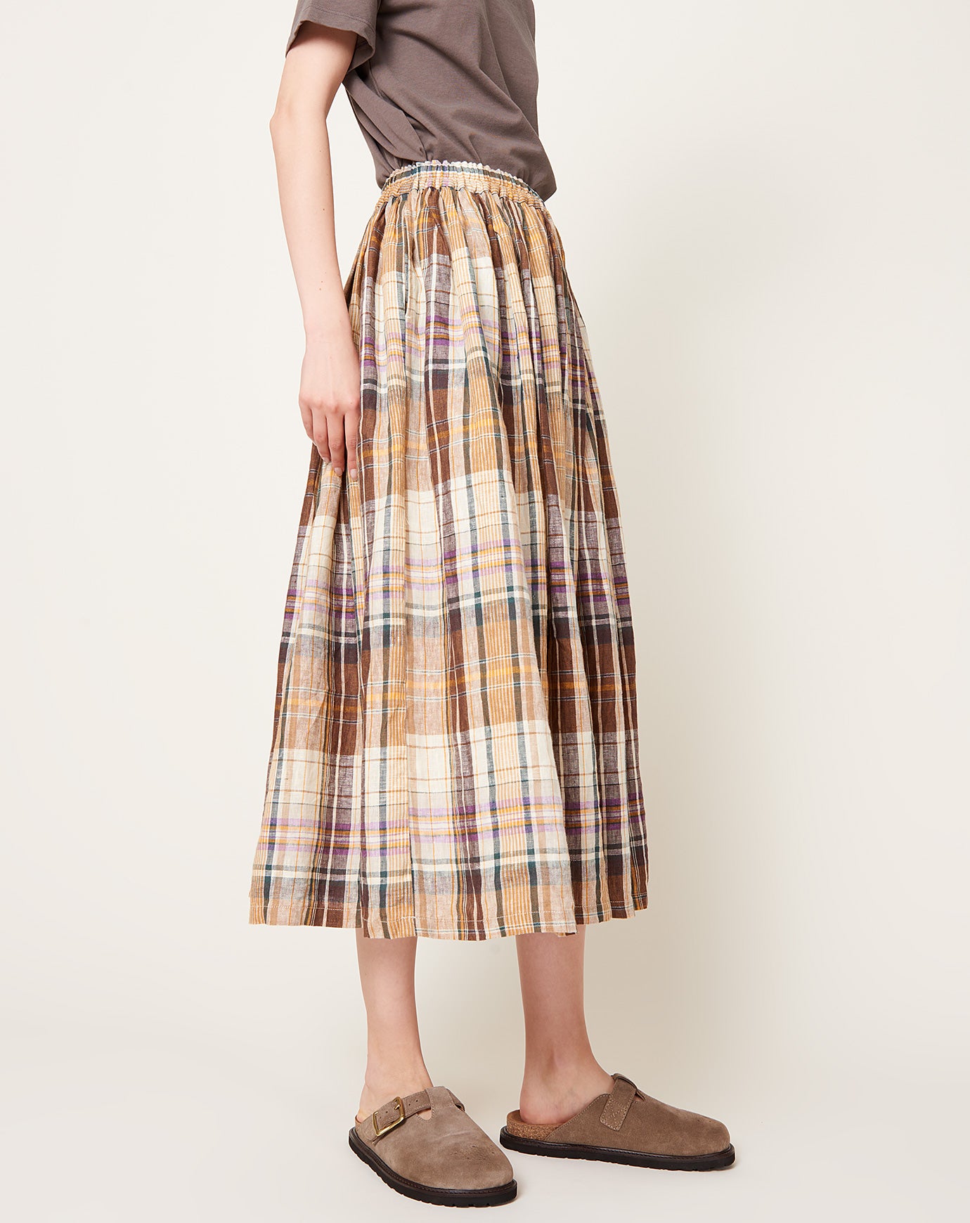 Ichi Antiquités Linen Check Skirt in Beige