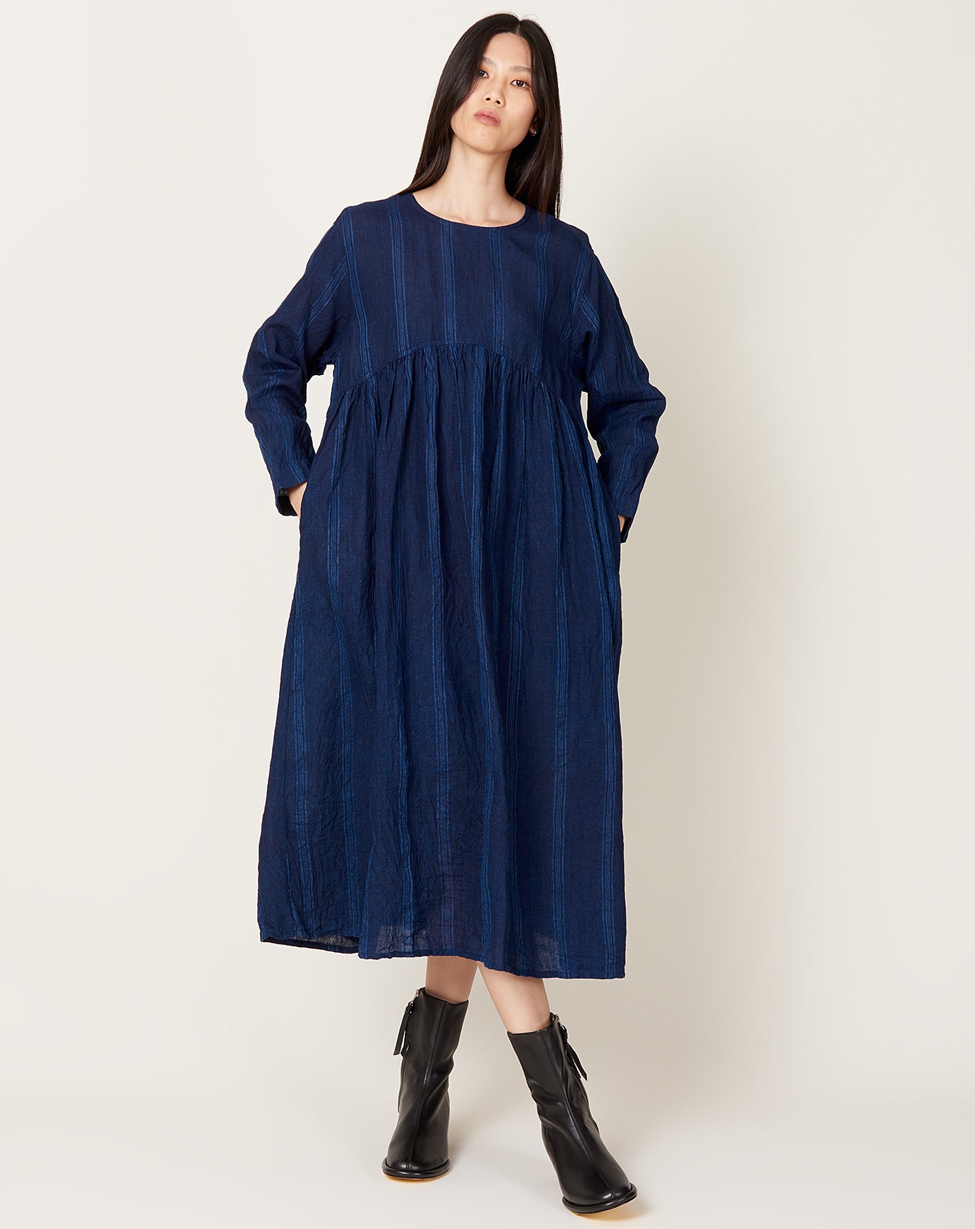 Ichi Antiquités Linen Dobby Stripe Dress in Dark Indigo