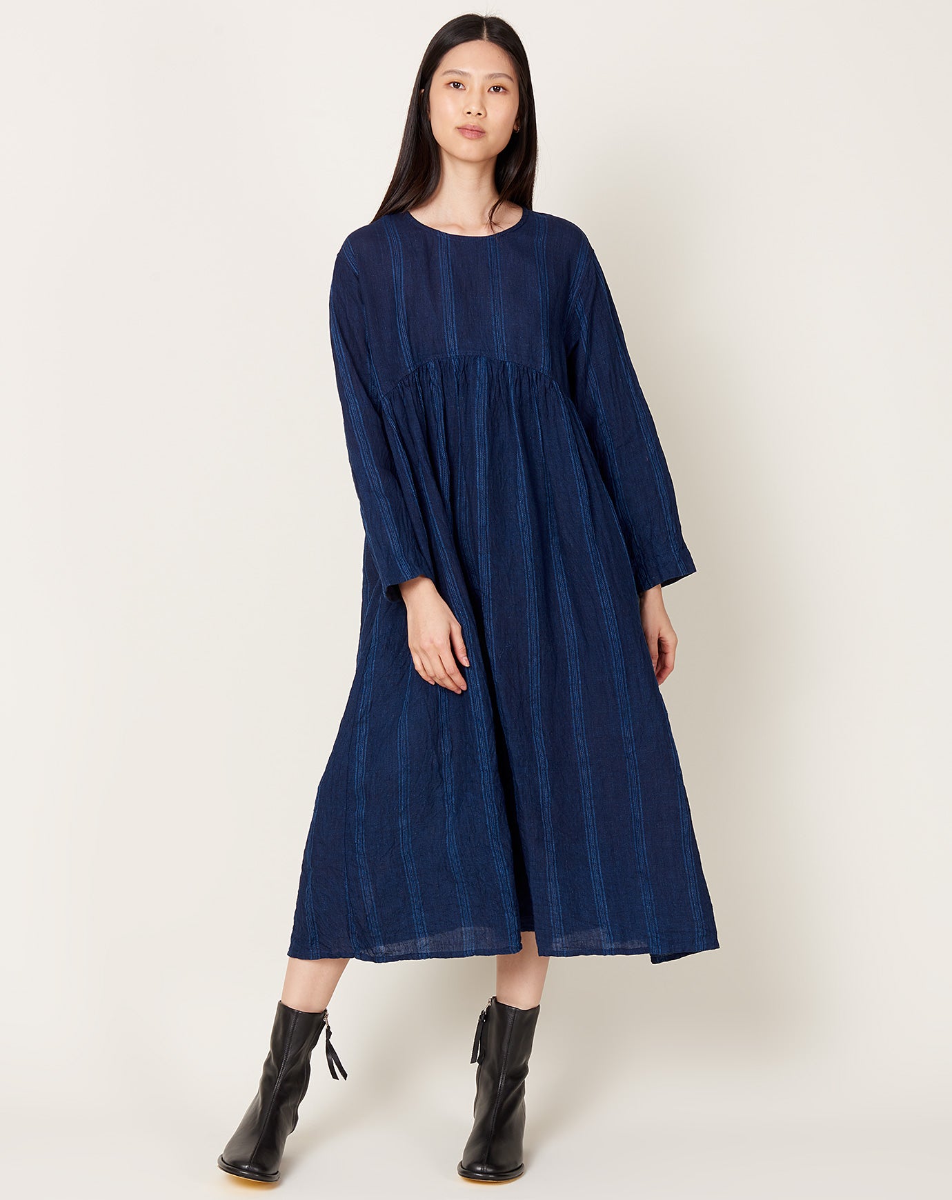 Ichi Antiquités Linen Dobby Stripe Dress in Dark Indigo