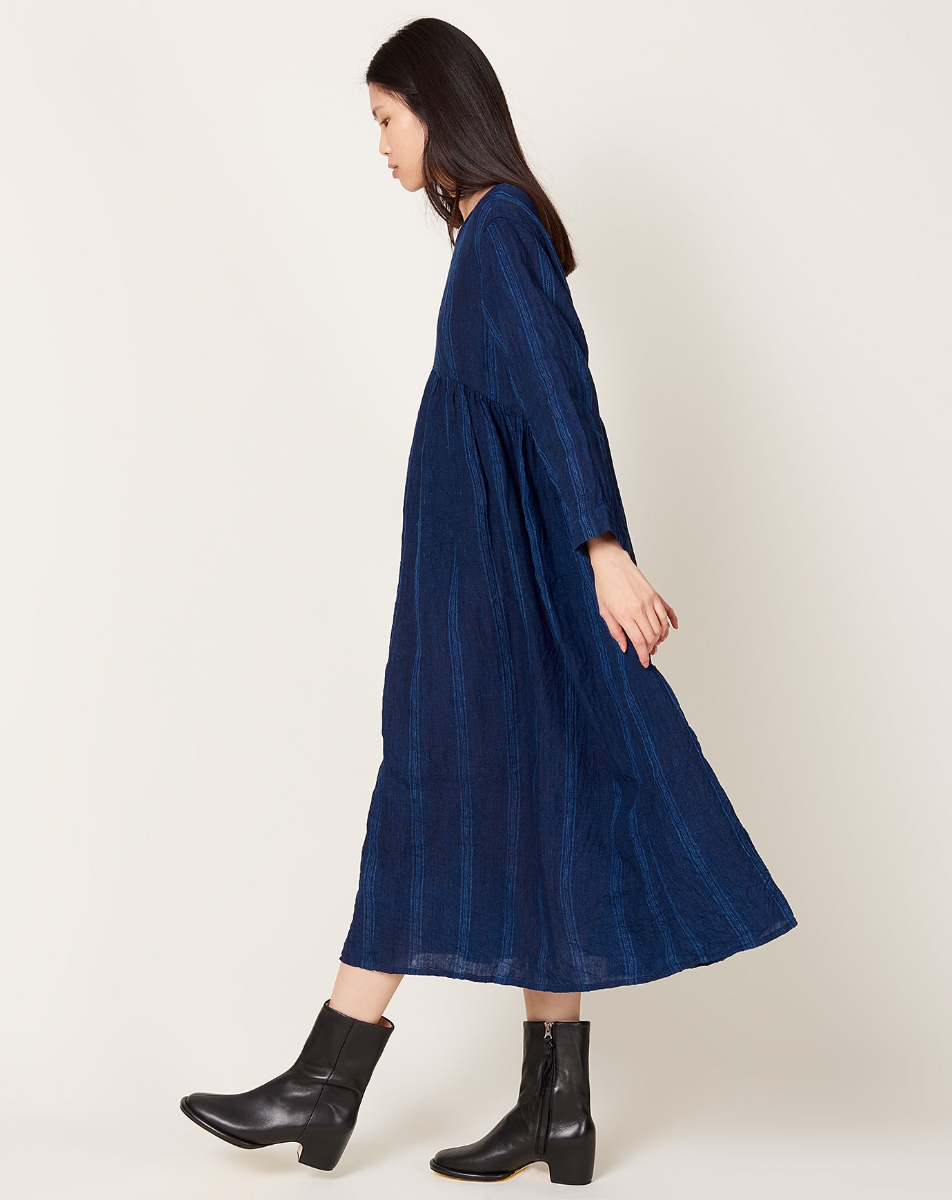 Ichi Antiquités Linen Dobby Stripe Dress in Dark Indigo