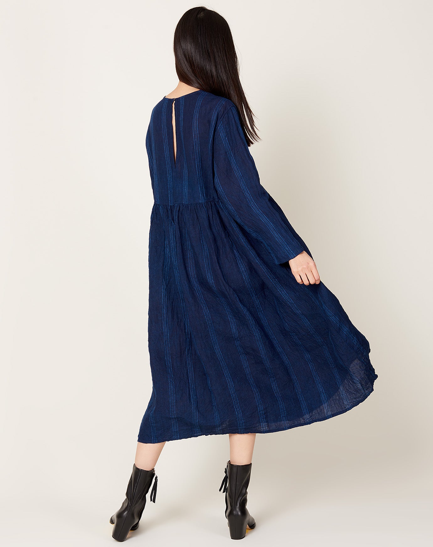 Ichi Antiquités Linen Dobby Stripe Dress in Dark Indigo