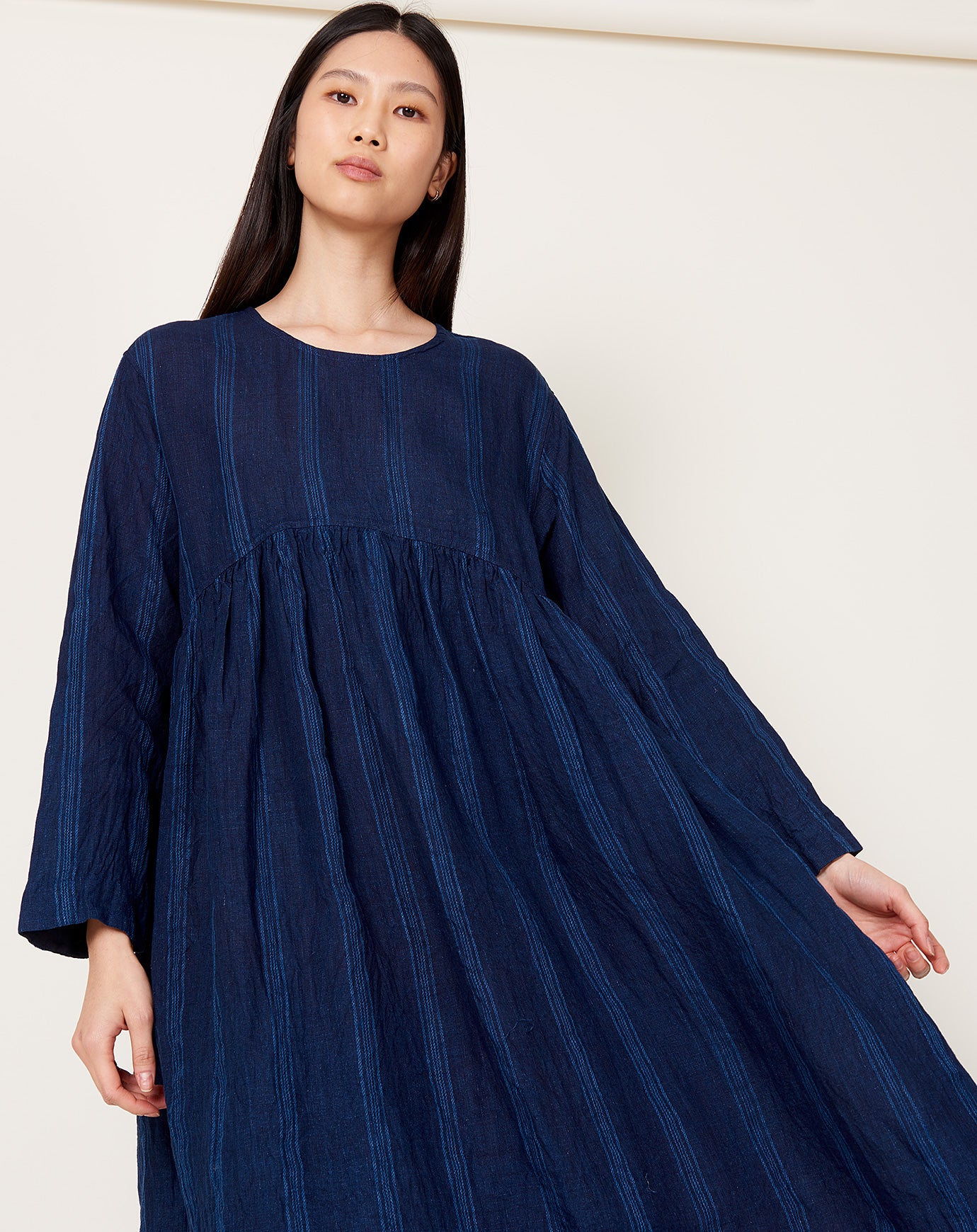 Ichi Antiquités Linen Dobby Stripe Dress in Dark Indigo