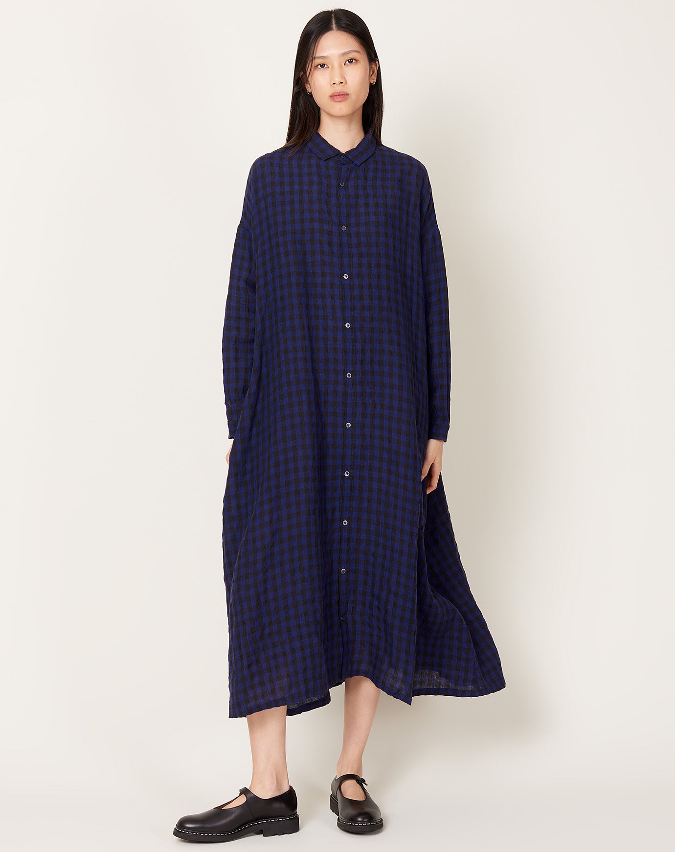 Ichi Antiquités Linen Gingham Check Dress in Navy