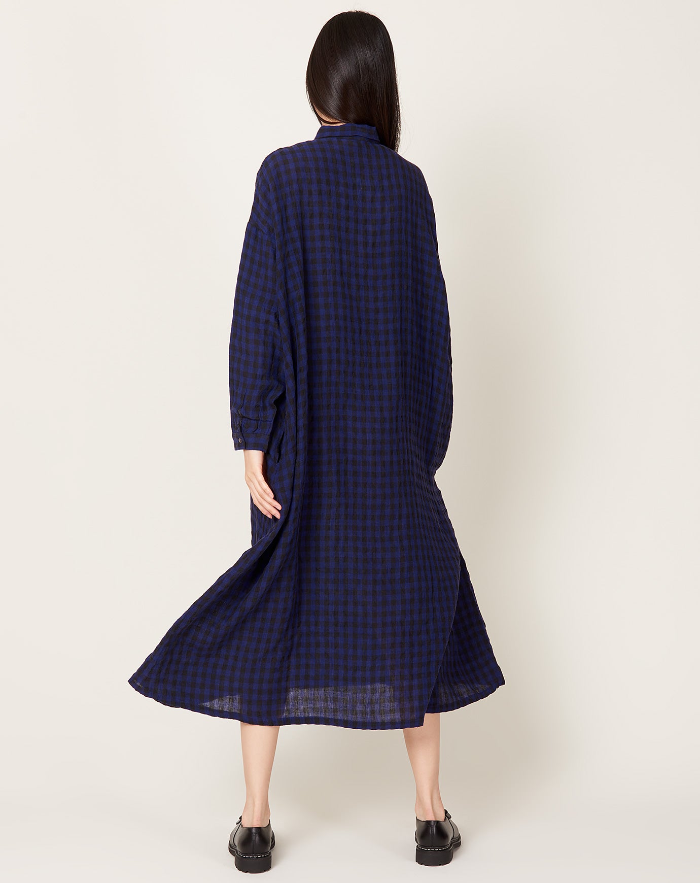 Ichi Antiquités Linen Gingham Check Dress in Navy