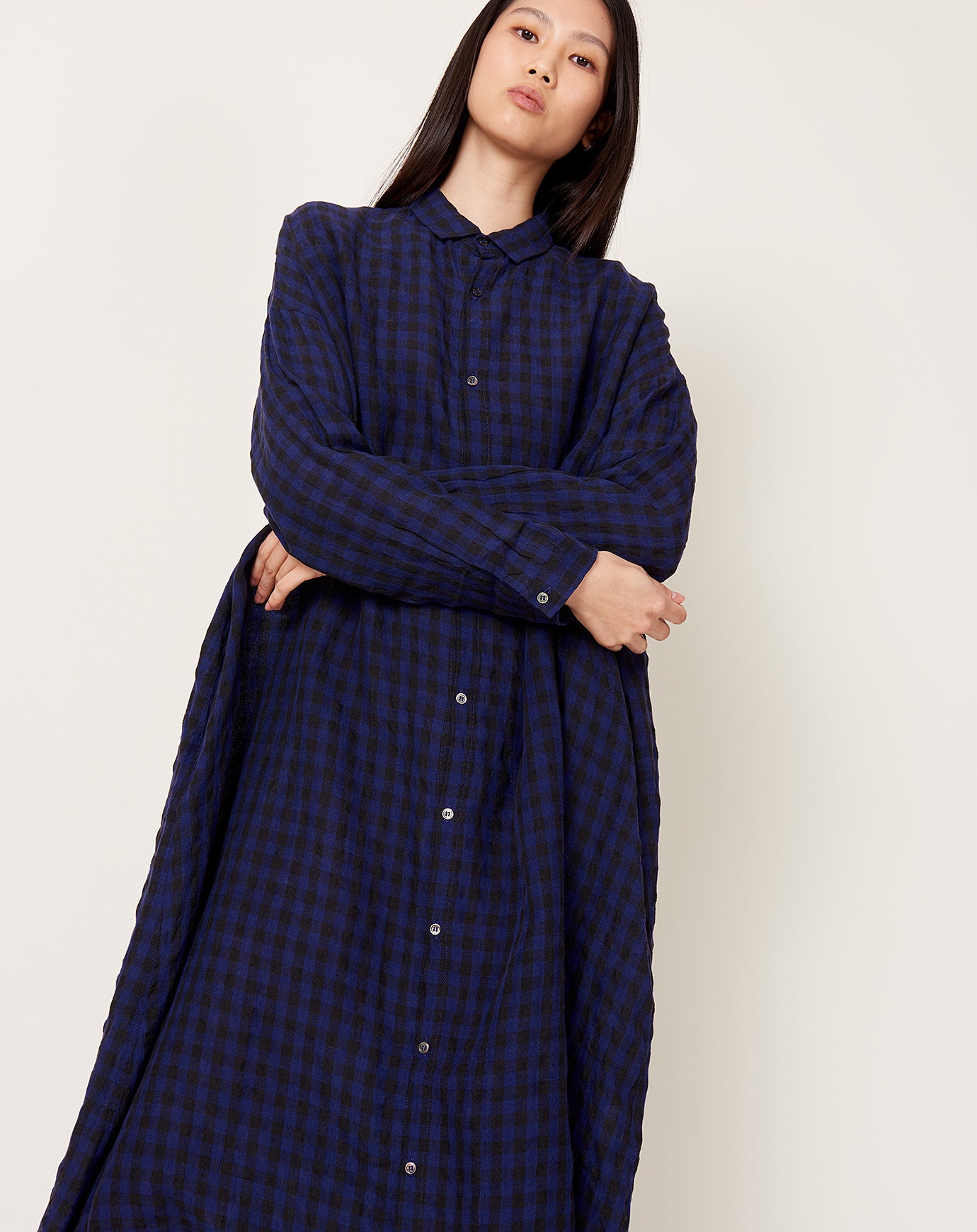 Ichi Antiquités Linen Gingham Check Dress in Navy