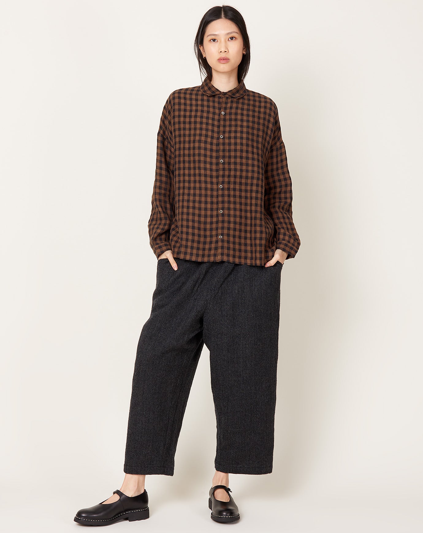 Ichi Antiquités Linen Gingham Check Shirt in Brown