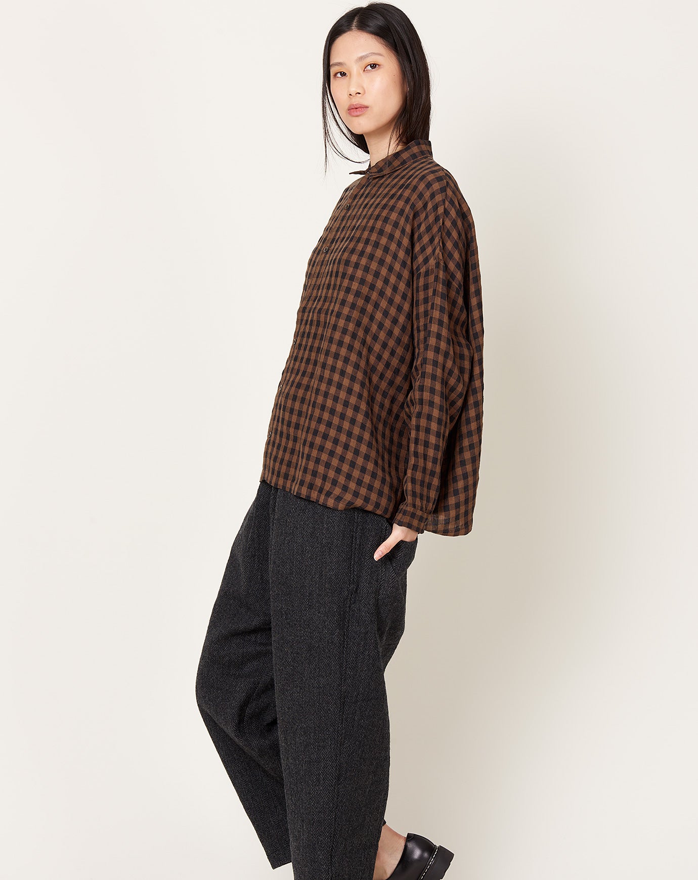 Ichi Antiquités Linen Gingham Check Shirt in Brown