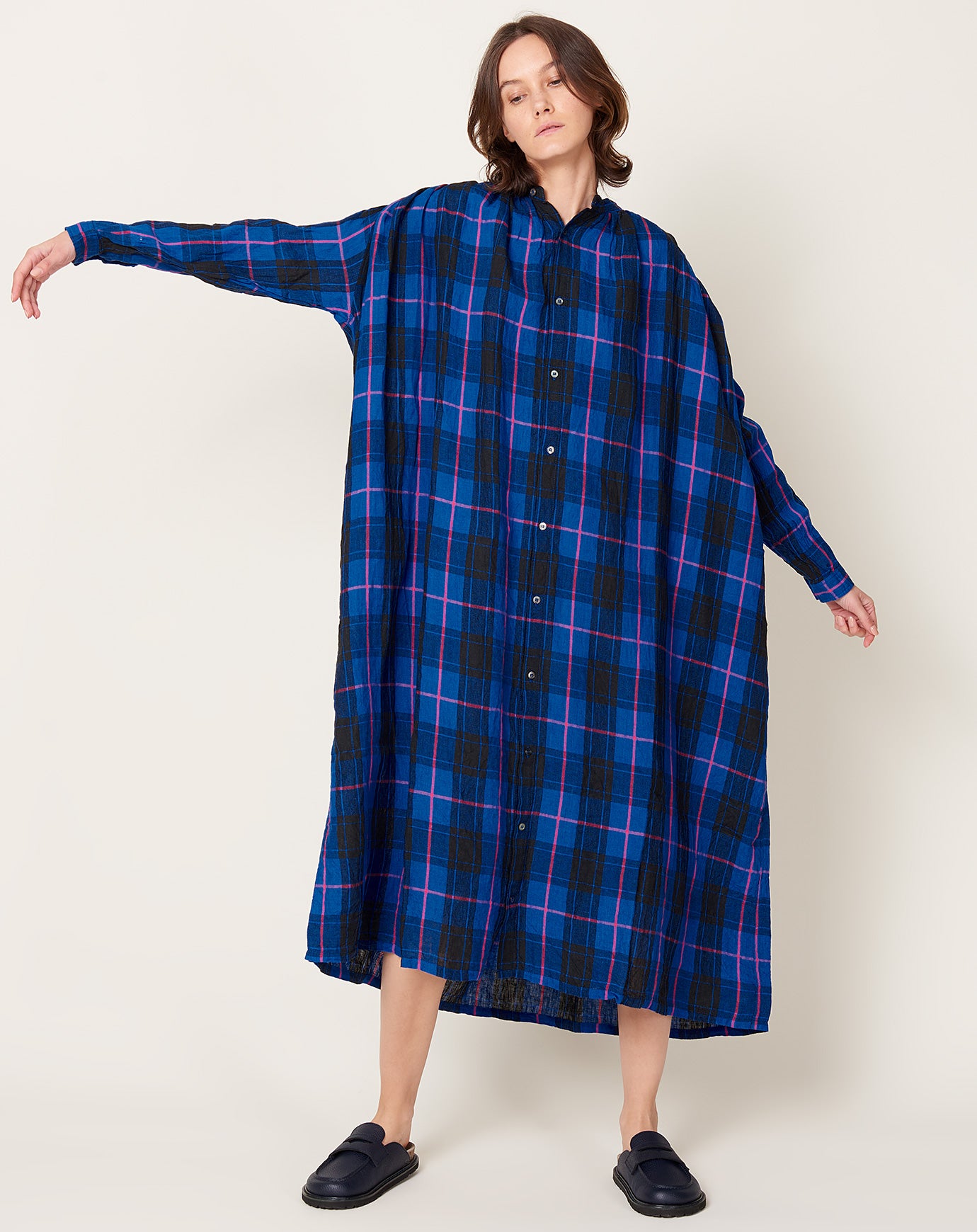 Ichi Antiquités Linen Tartan Dress in Blue