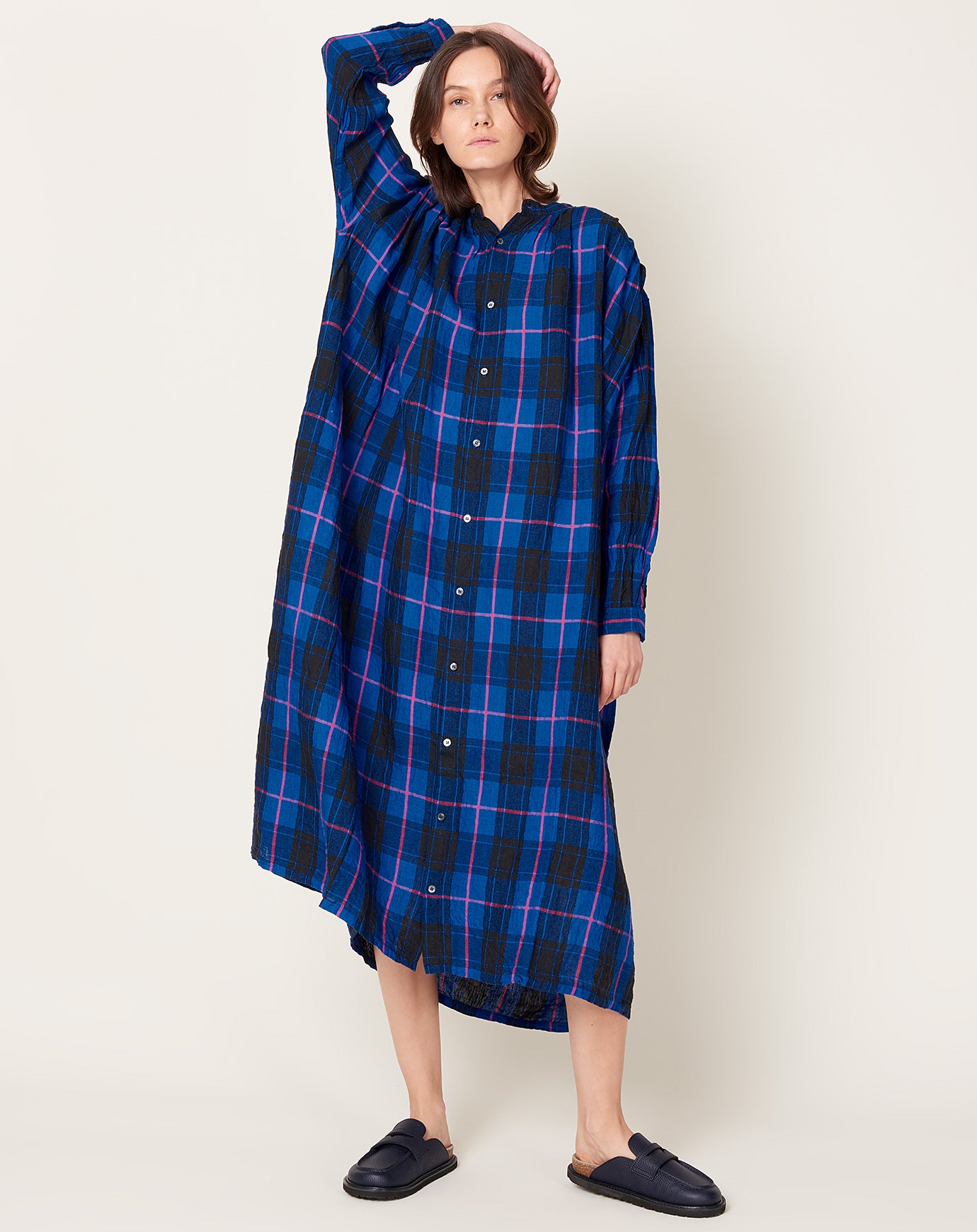 Ichi Antiquités Linen Tartan Dress in Blue