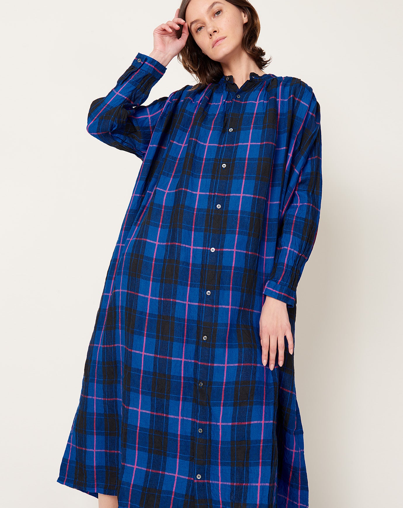 Ichi Antiquités Linen Tartan Dress in Blue