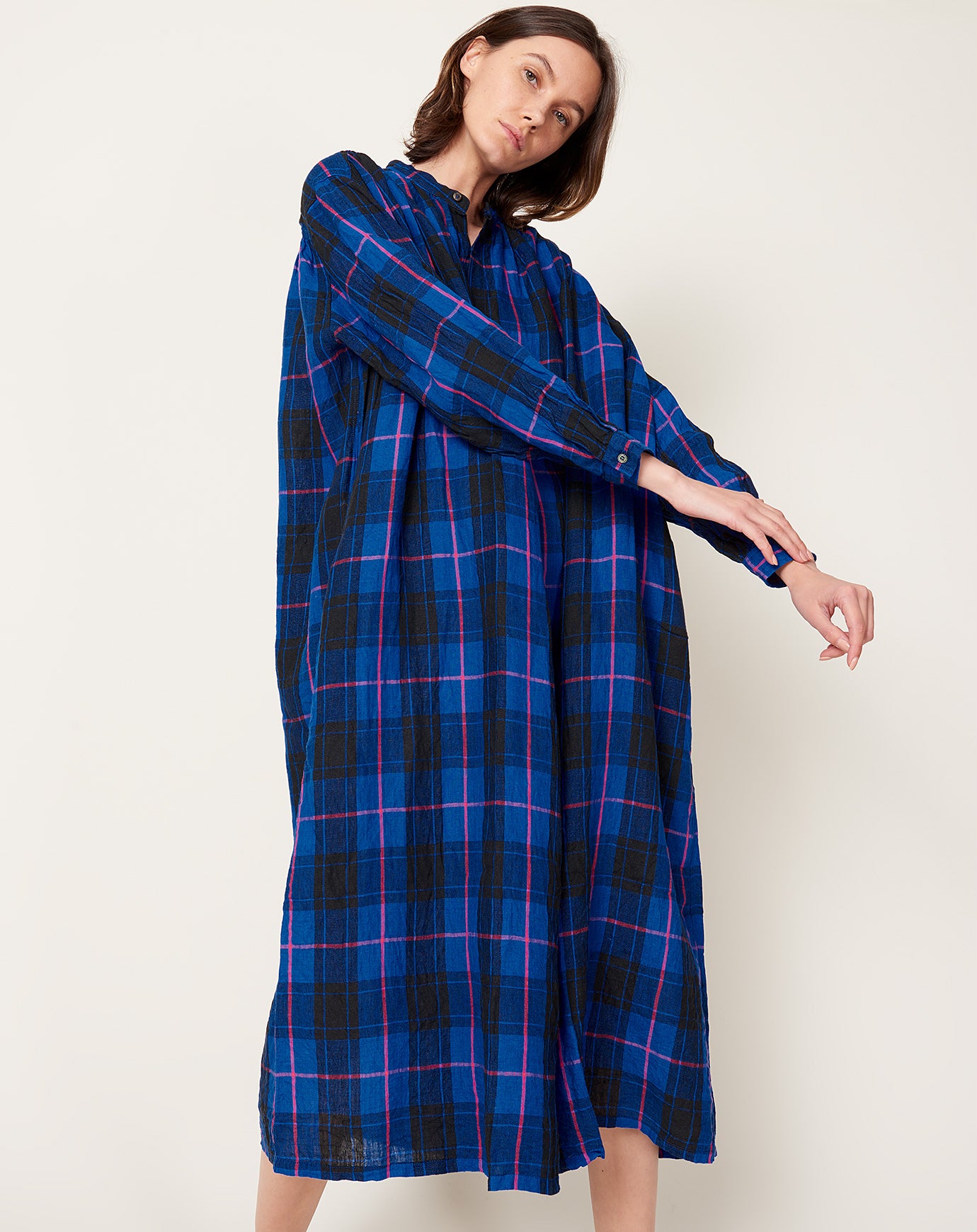 Ichi Antiquités Linen Tartan Dress in Blue