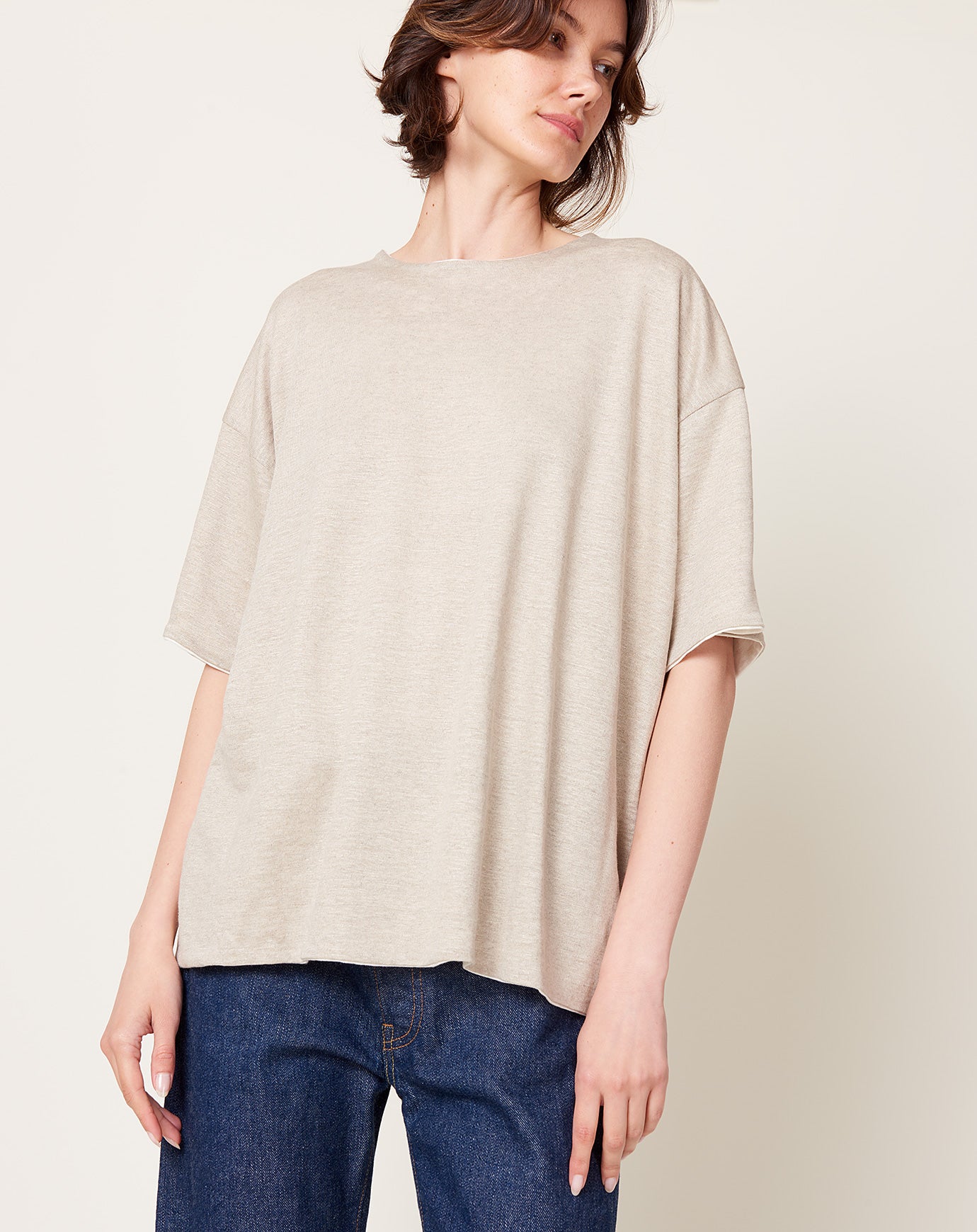 Ichi Antiquités Reversible Linen Knit Pullover in White & Natural