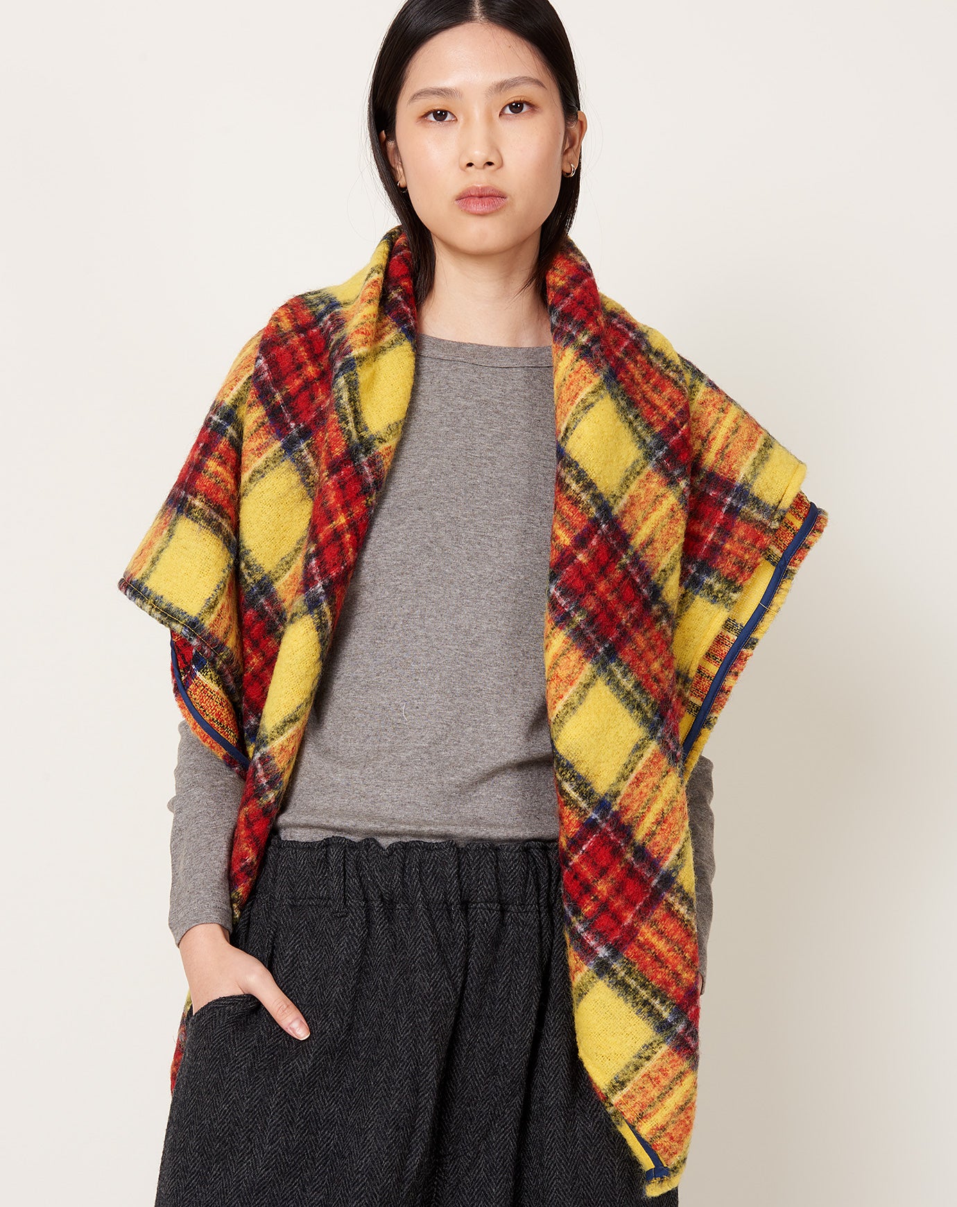 Ichi Antiquités Tartan Wool Shaggy Stole in Yellow