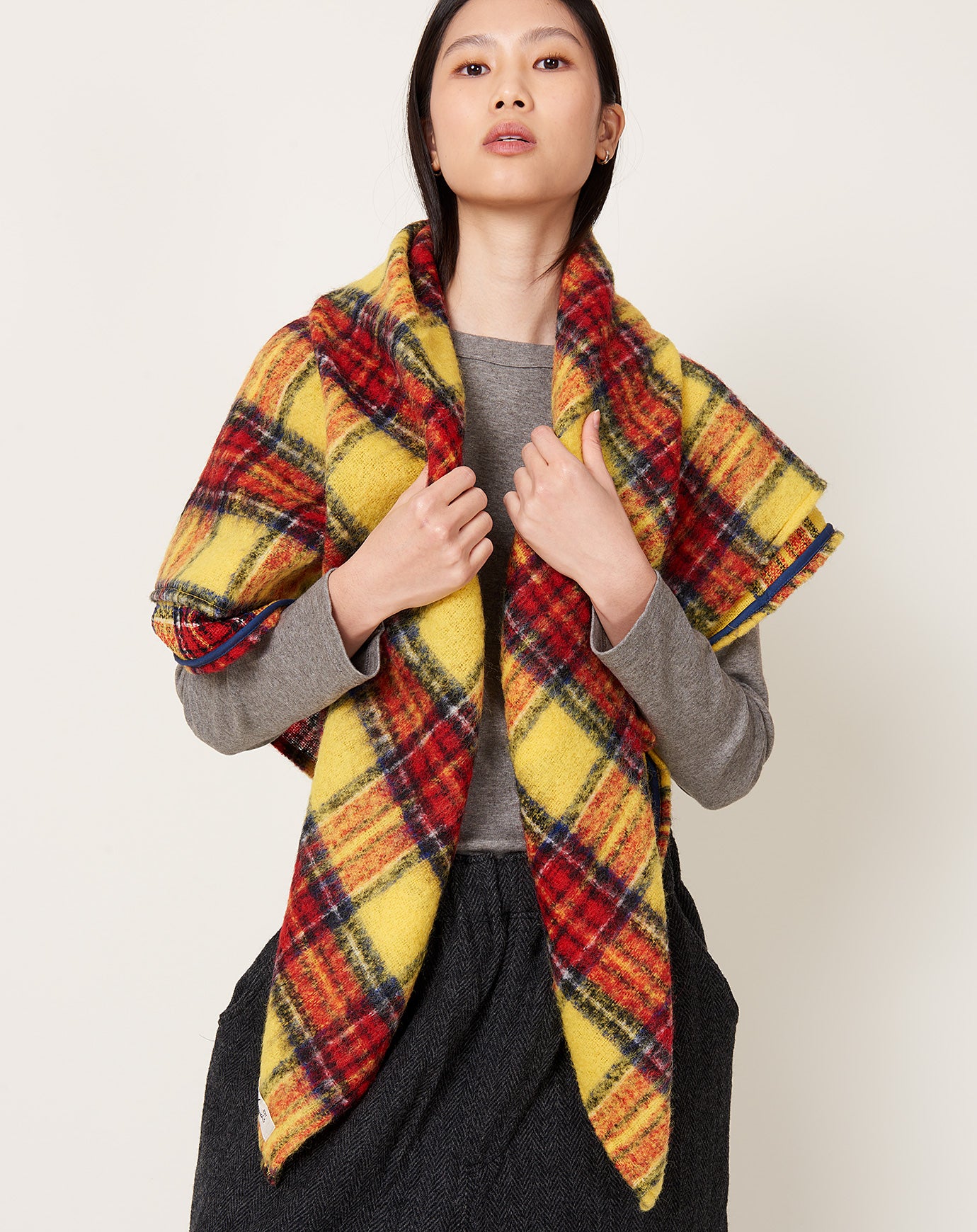 Ichi Antiquités Tartan Wool Shaggy Stole in Yellow