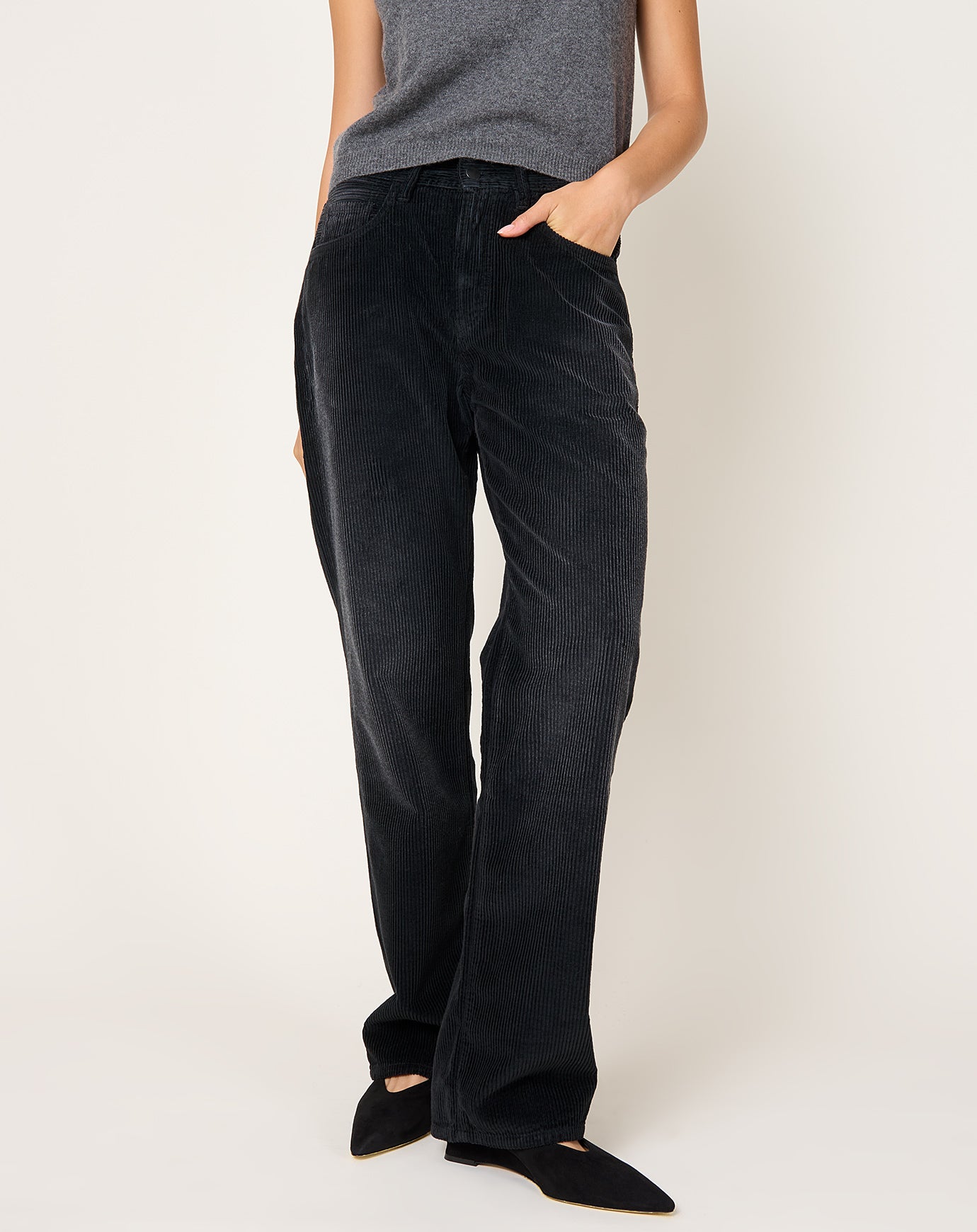 Kallmeyer Gabby Tapered Jean in Black Distressed Corduroy