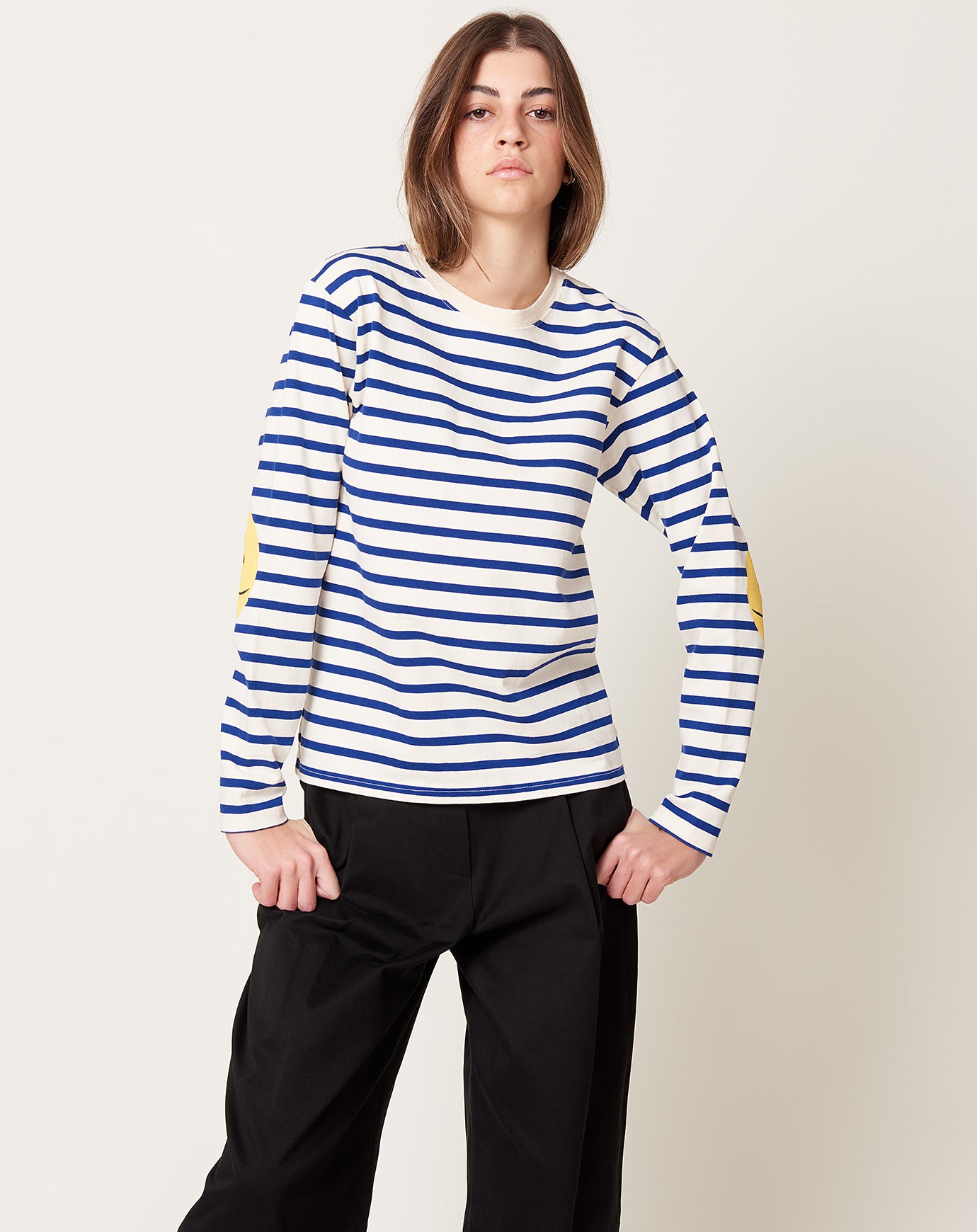 Kapital Stripe Jersey Crew Long Sleeve T (RAINBOWY Patch) in Ecru & Blue