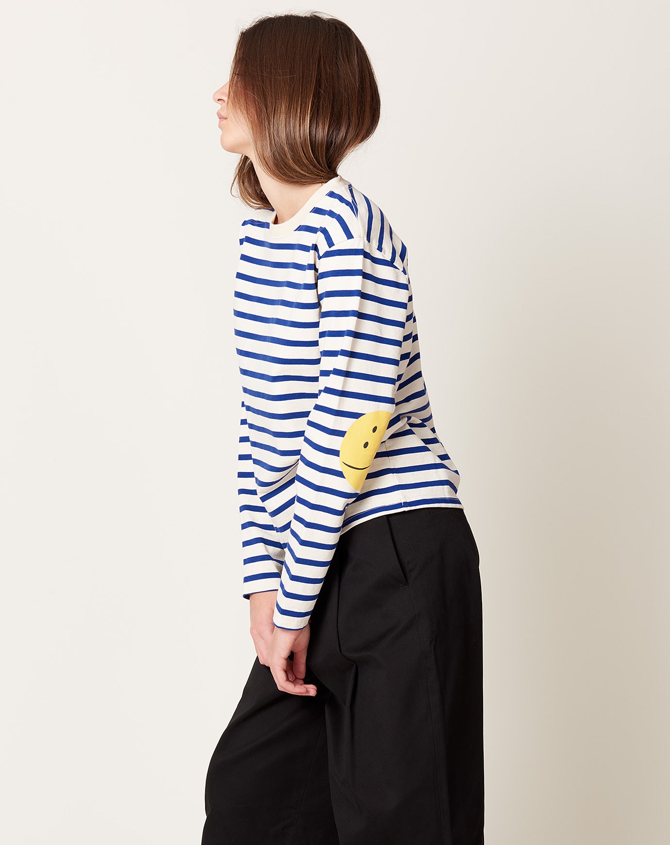 Kapital Stripe Jersey Crew Long Sleeve T (RAINBOWY Patch) in Ecru & Blue