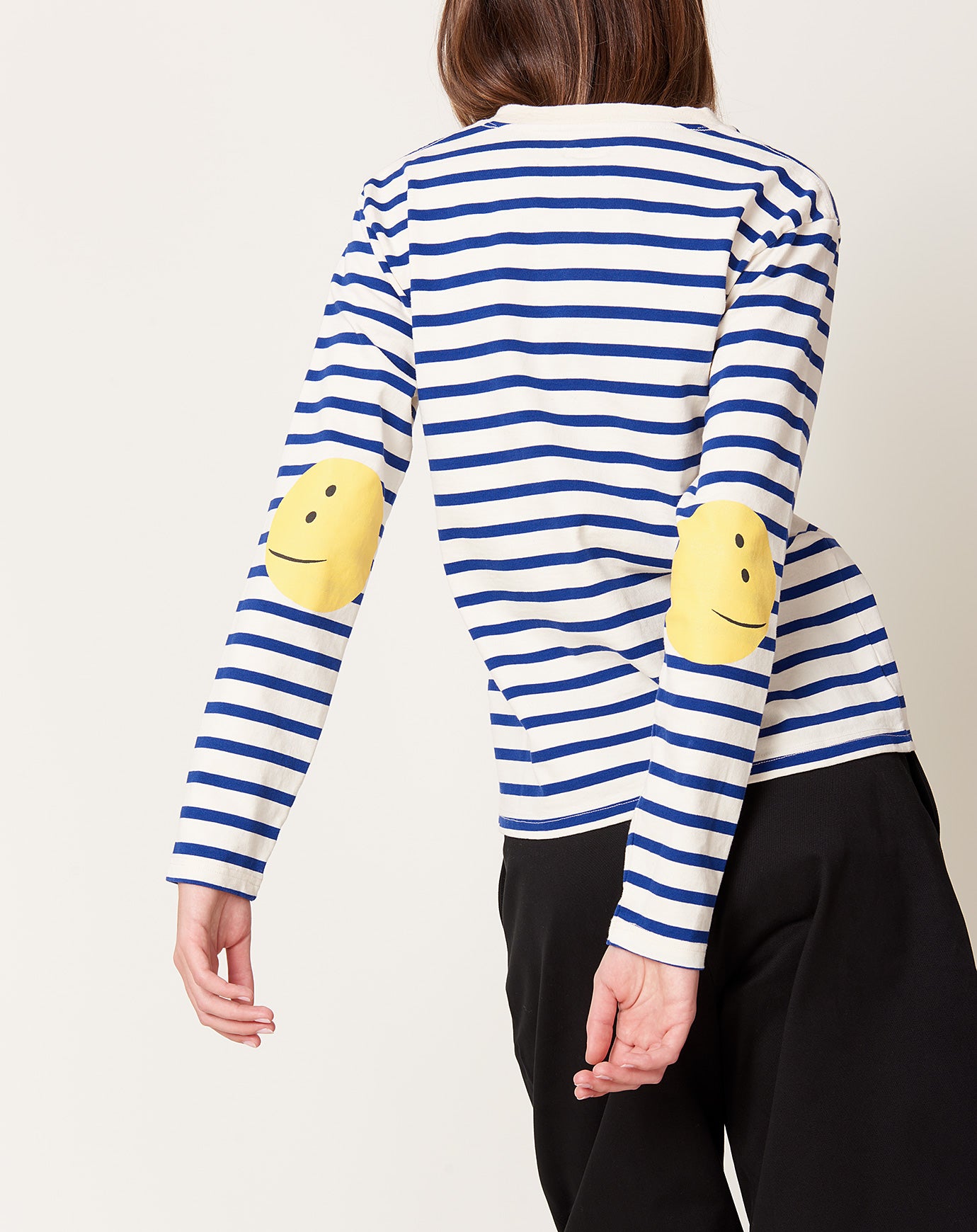 Kapital Stripe Jersey Crew Long Sleeve T (RAINBOWY Patch) in Ecru & Blue