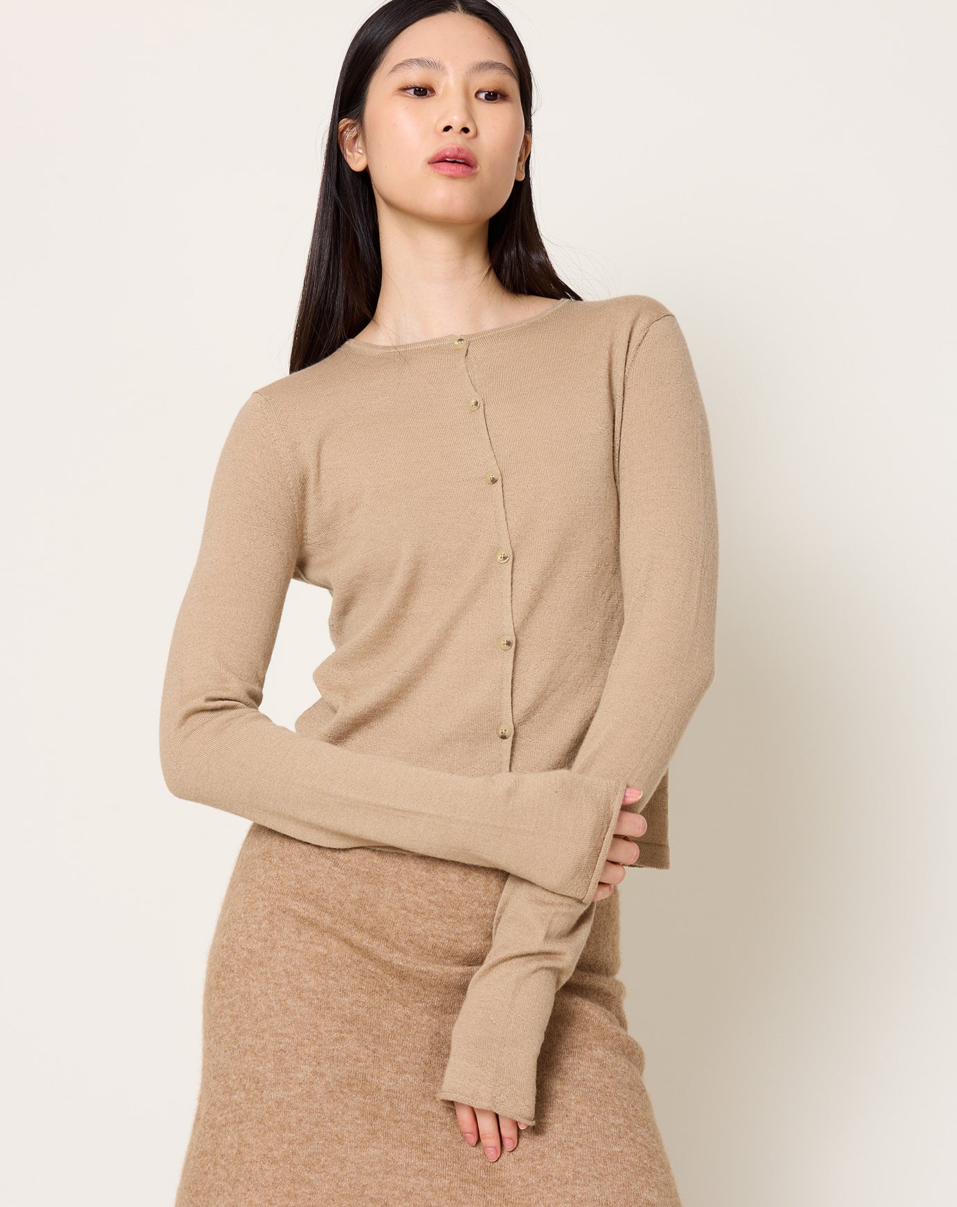 Lauren Manoogian Super Fine Crewneck Cardigan in Camel