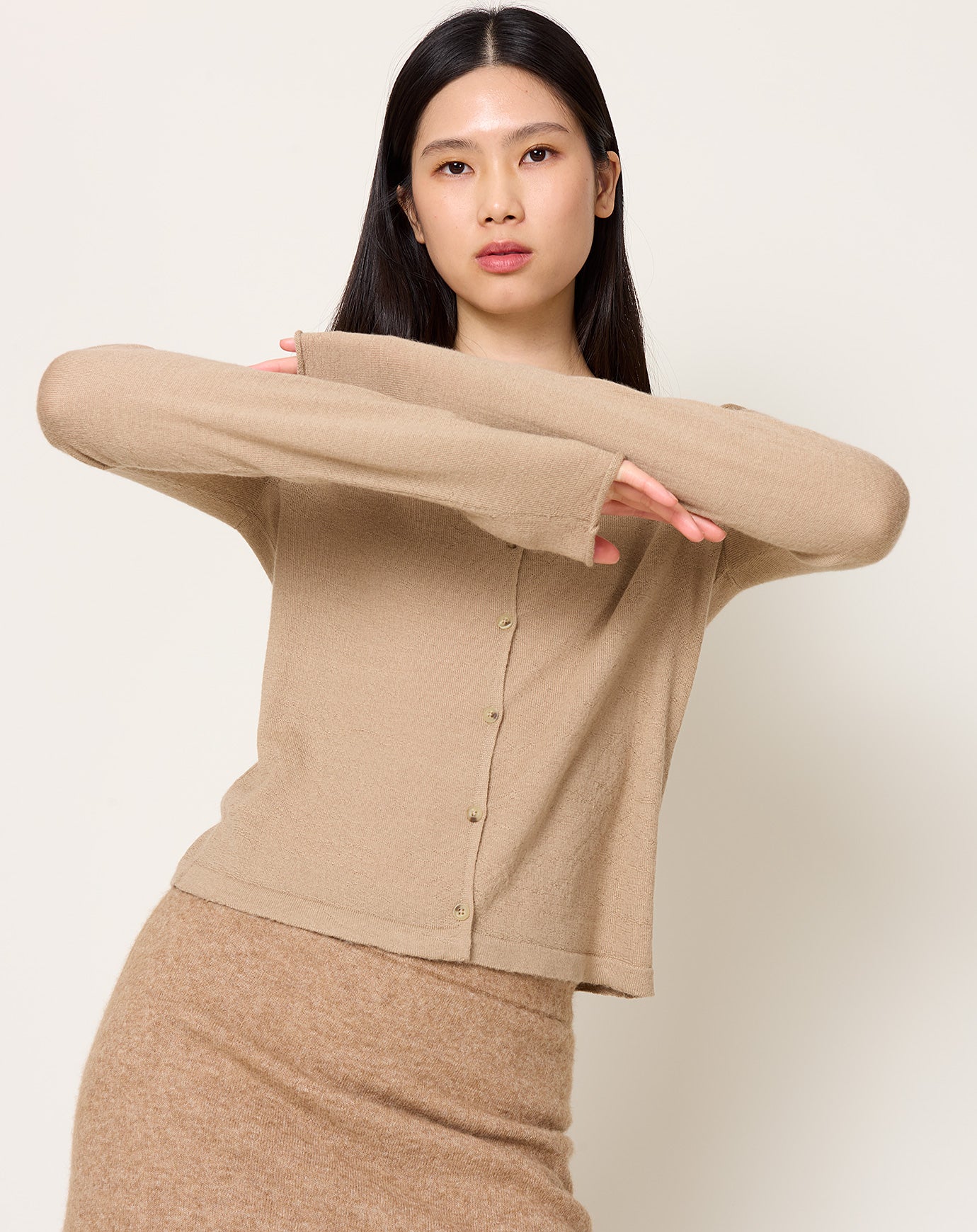 Lauren Manoogian Super Fine Crewneck Cardigan in Camel