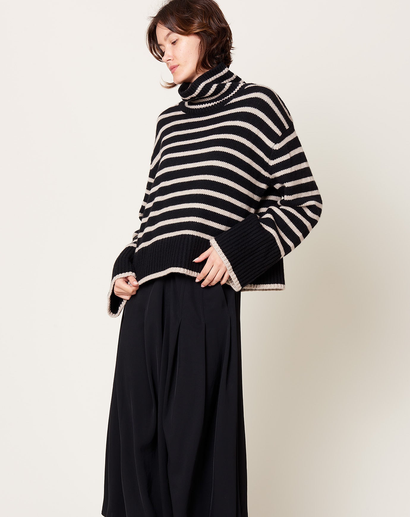 Lisa Yang Fleur Stripes Sweater in Black & Sand