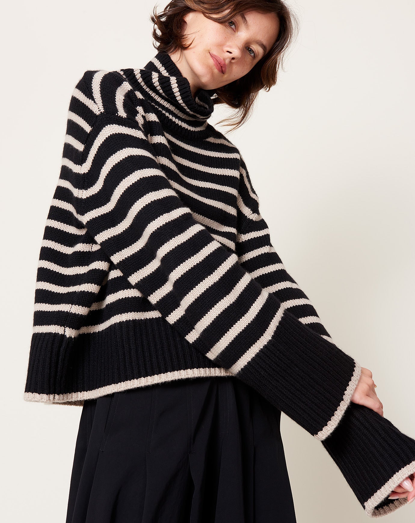 Lisa Yang Fleur Stripes Sweater in Black & Sand