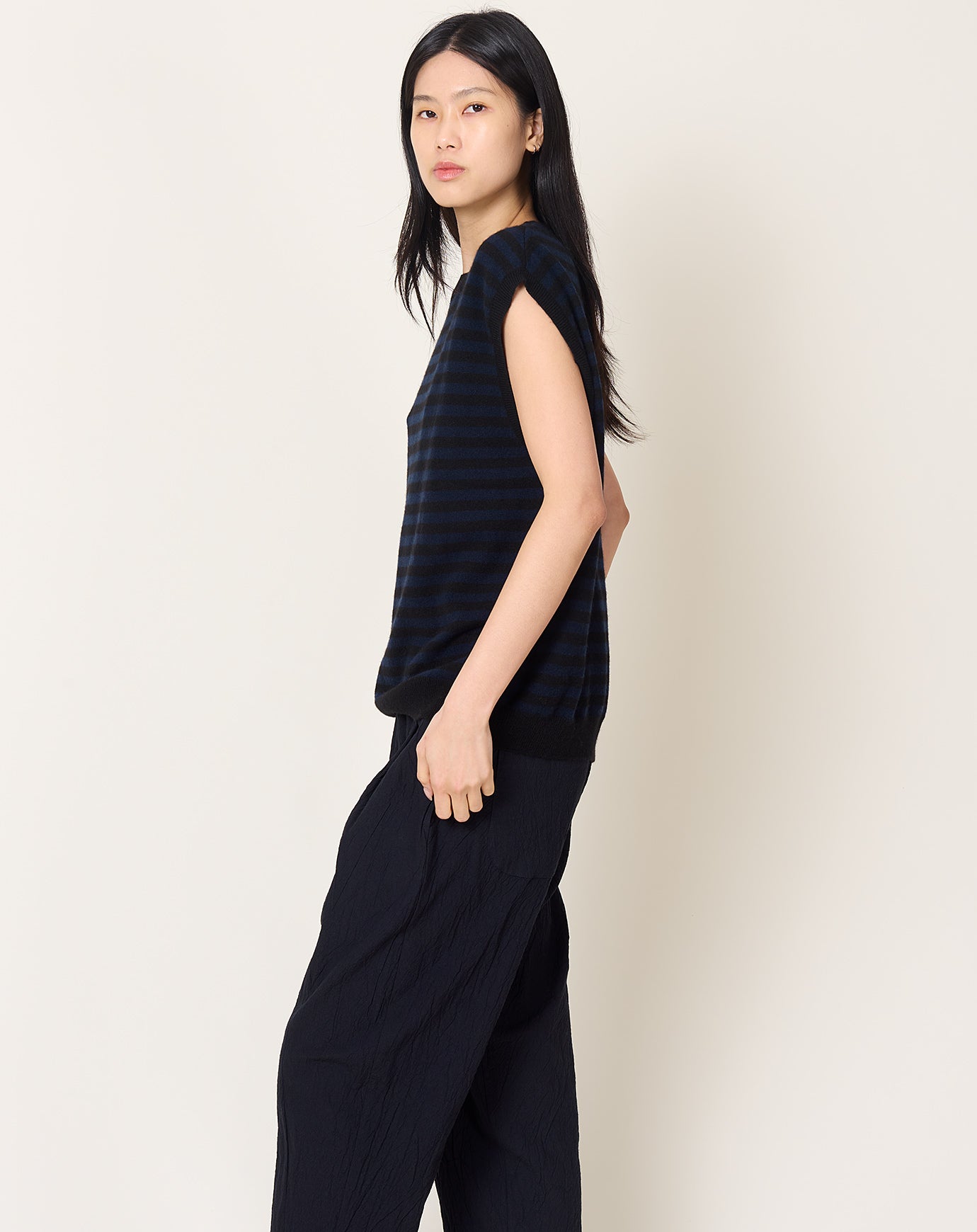 Makie Cashmere Vest in Navy & Black Stripe