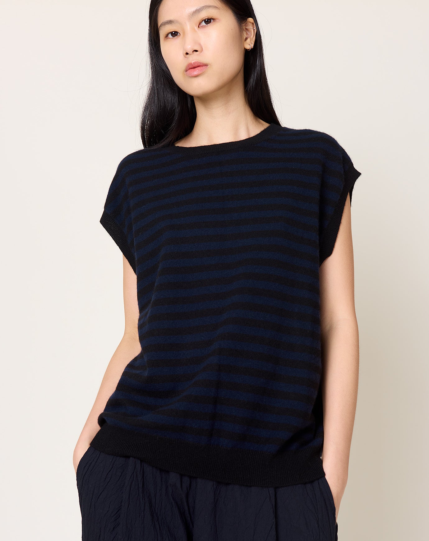 Makie Cashmere Vest in Navy & Black Stripe