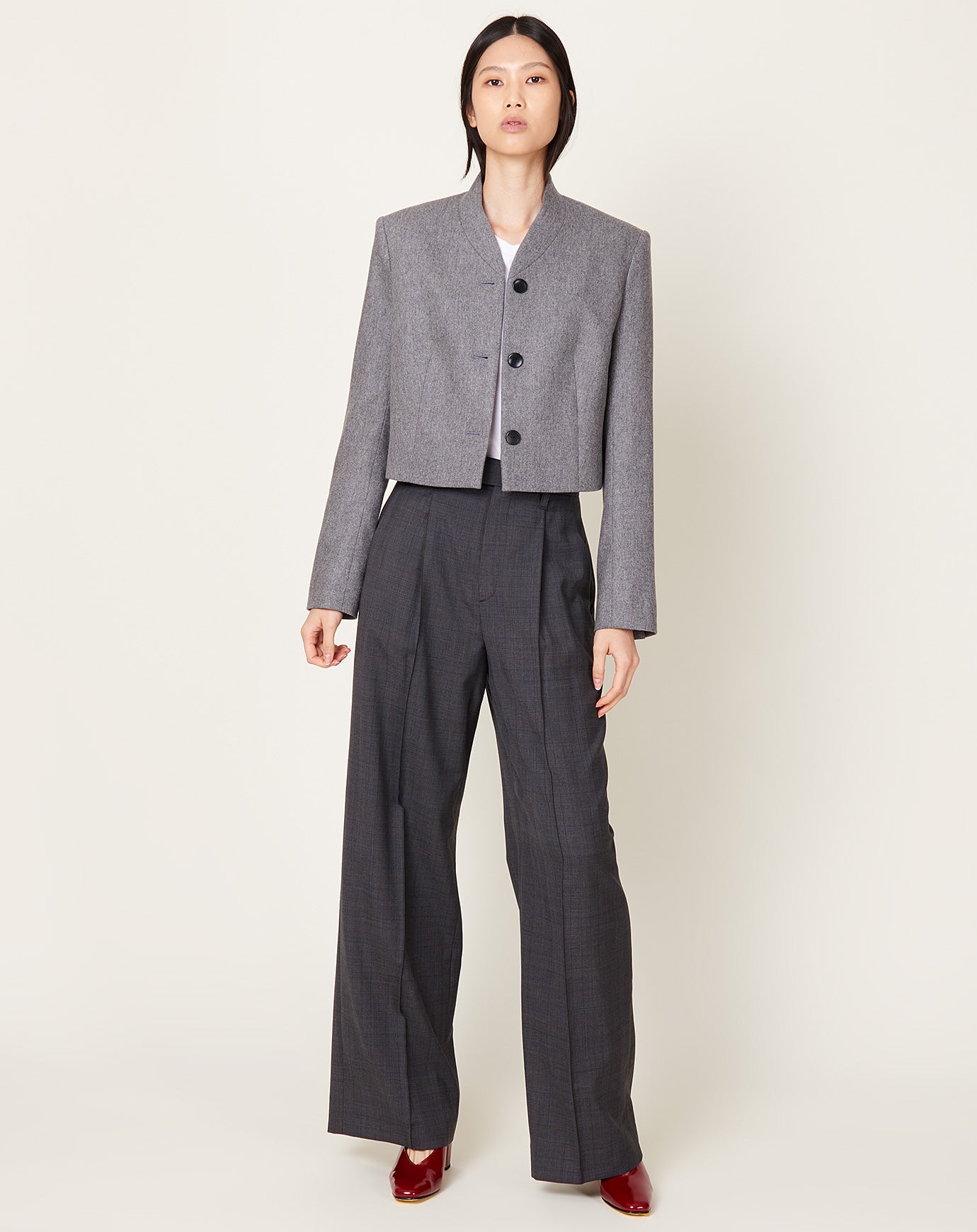 Maria McManus 3 Button Cropped Blazer in Charcoal Melange