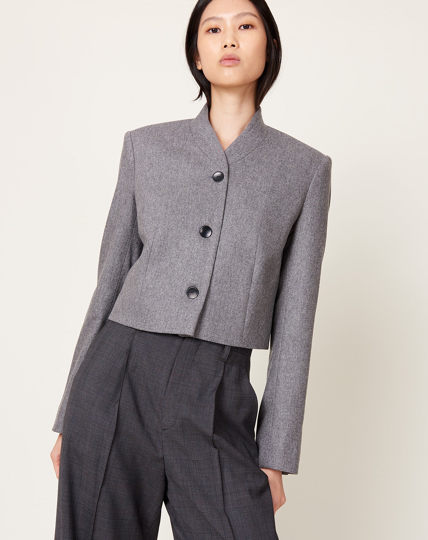 Maria McManus 3 Button Cropped Blazer in Charcoal Melange