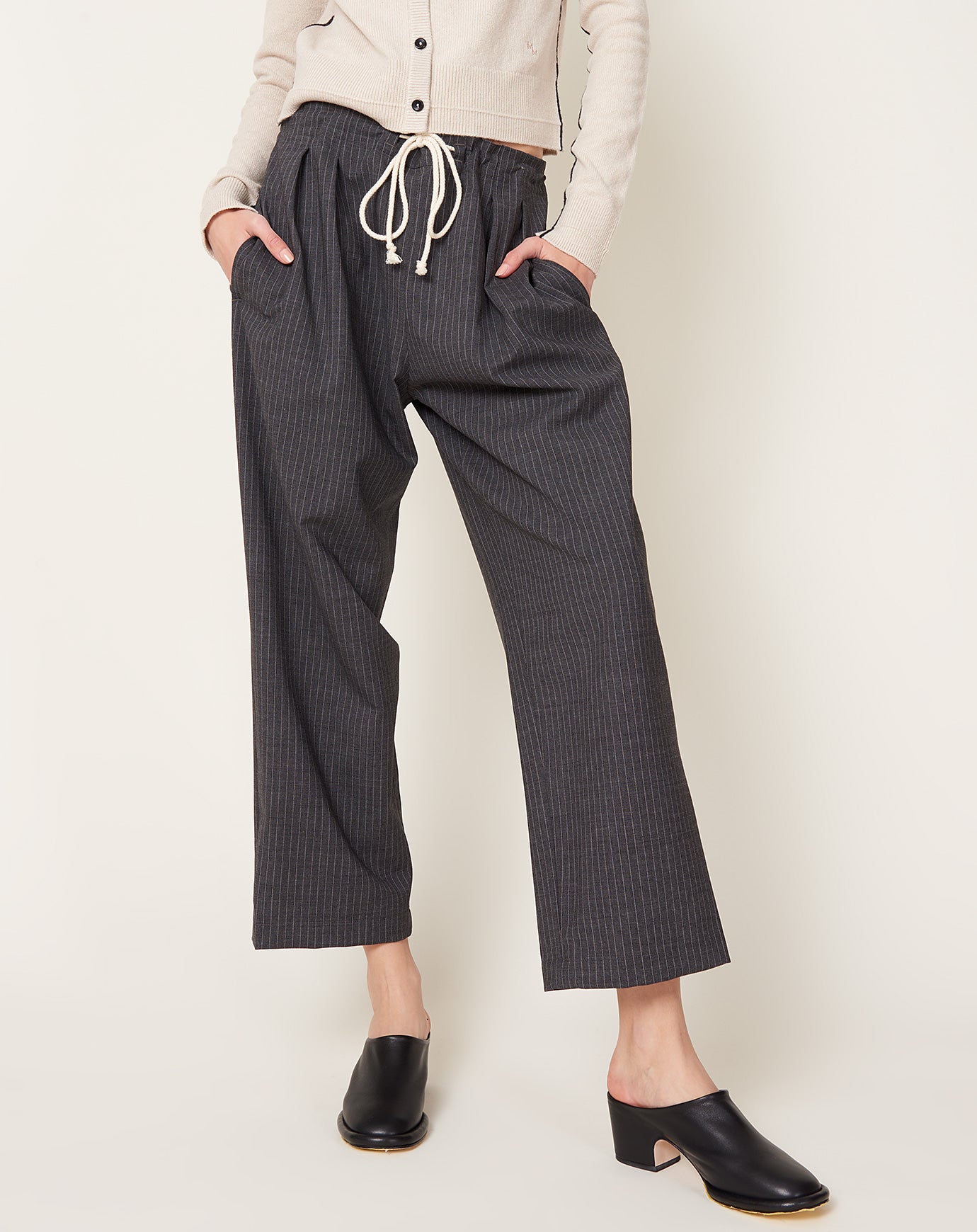 Maria McManus Cosy Drawstring Pant in Charcoal Pinstripe