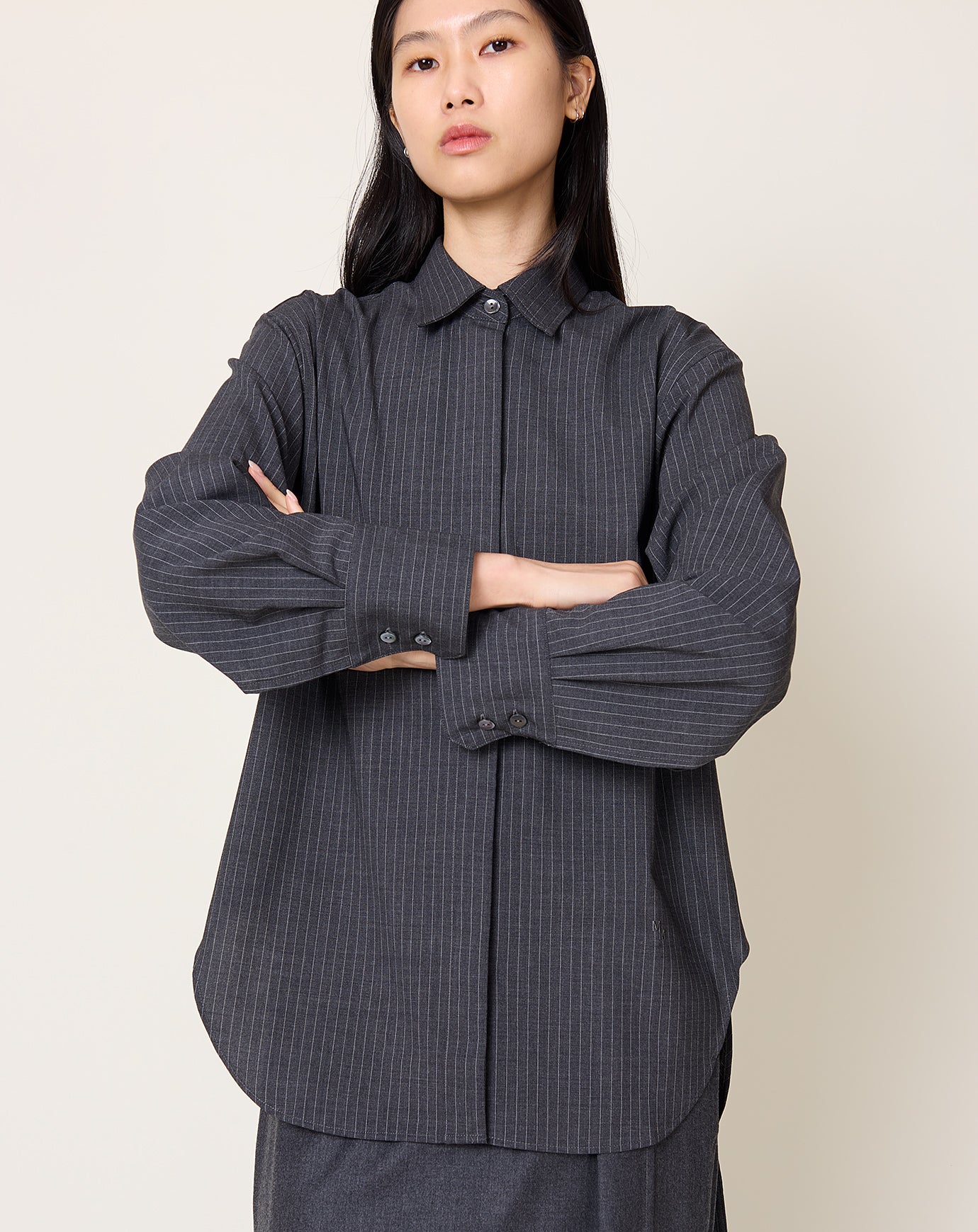 Maria McManus Covered Placket Tunic Shirt in Charcoal Stripe