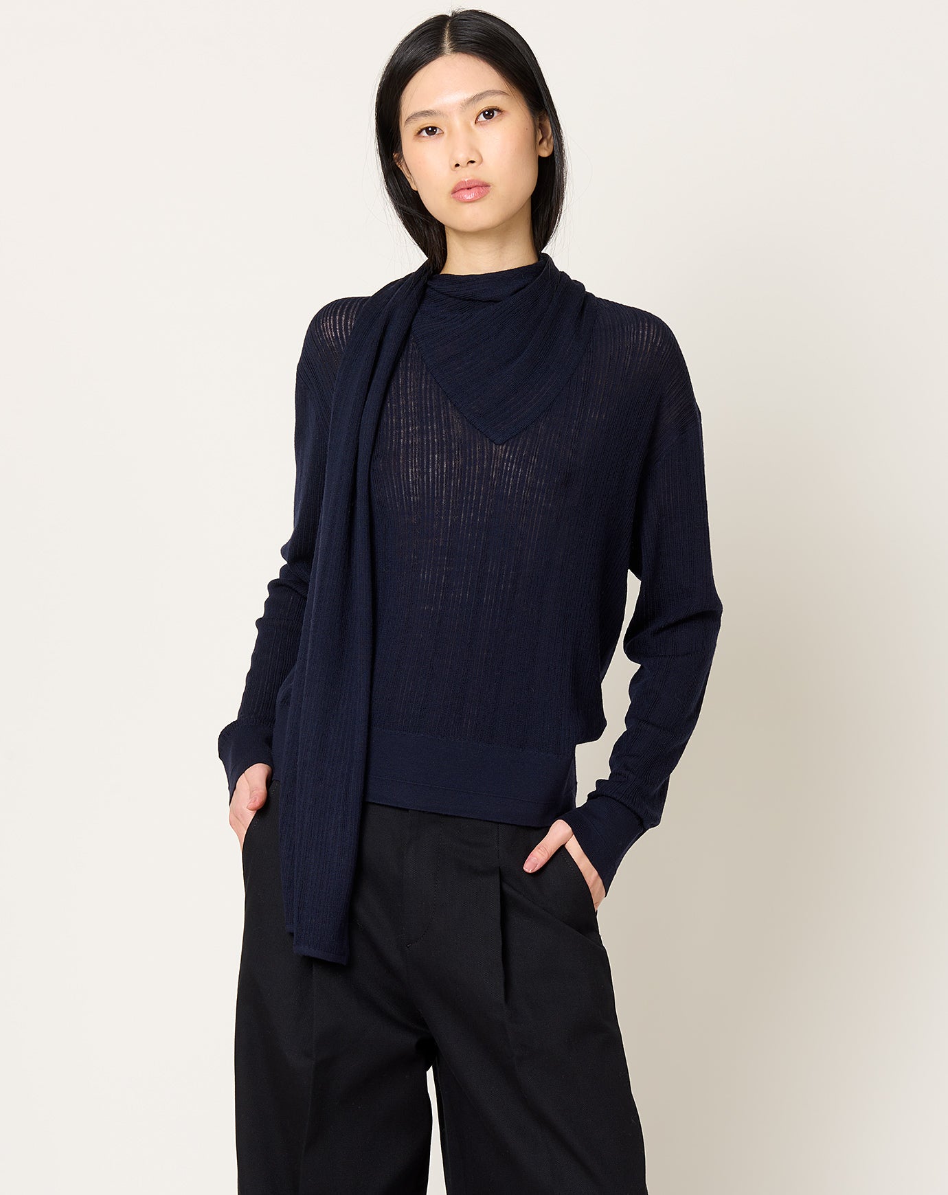 Maria McManus Drop Needle Scarf Sweater in Midnight Navy
