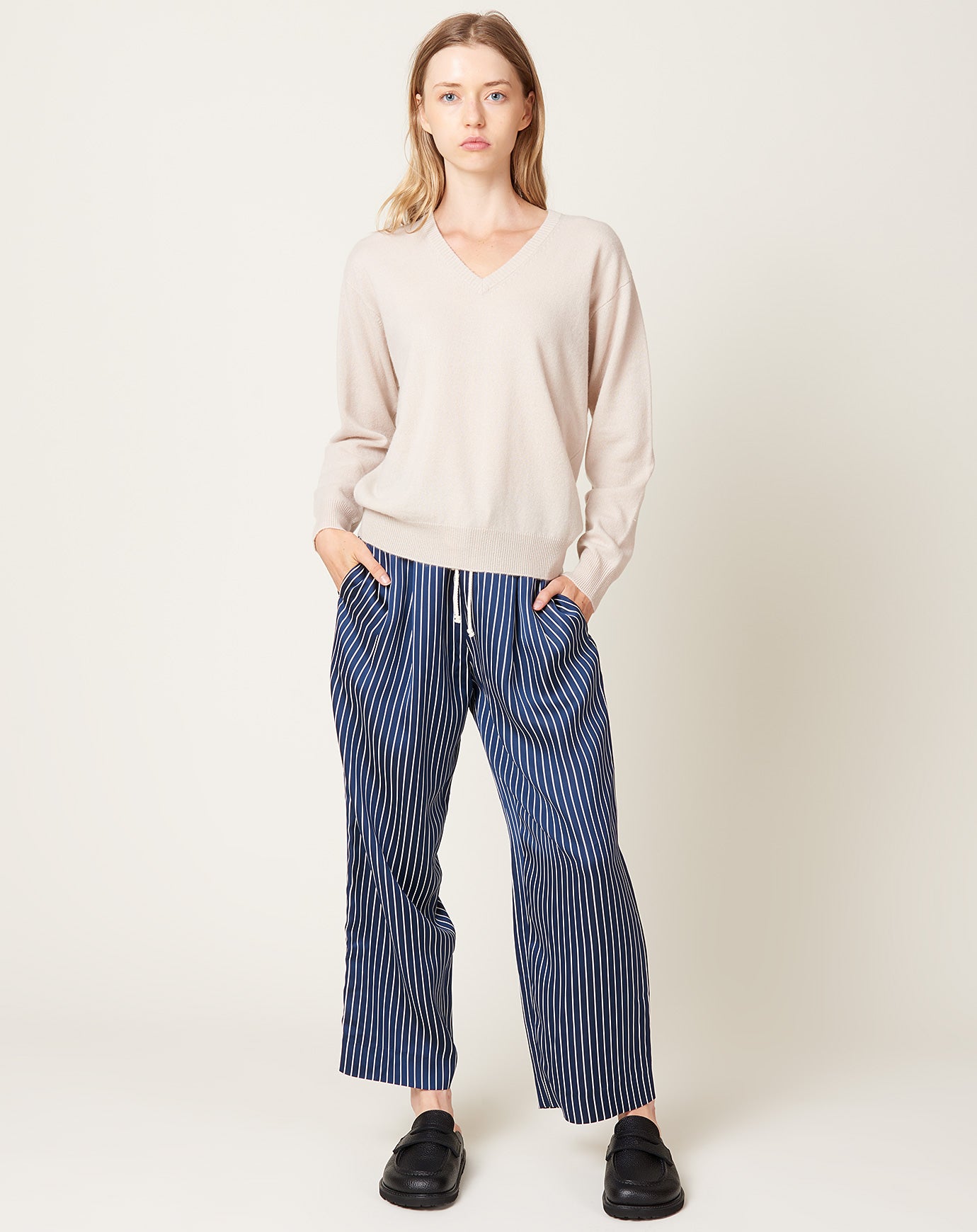 Maria McManus Drawstring Pleat Front Pant in Midnight Stripe