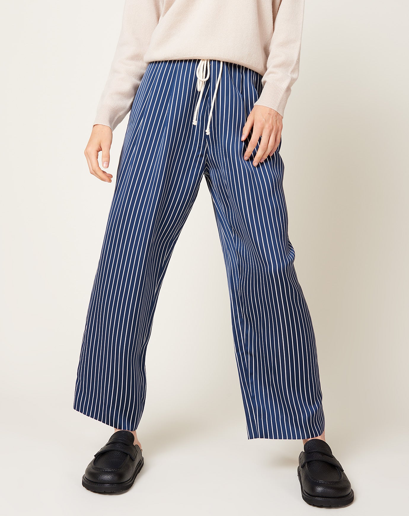 Maria McManus Drawstring Pleat Front Pant in Midnight Stripe