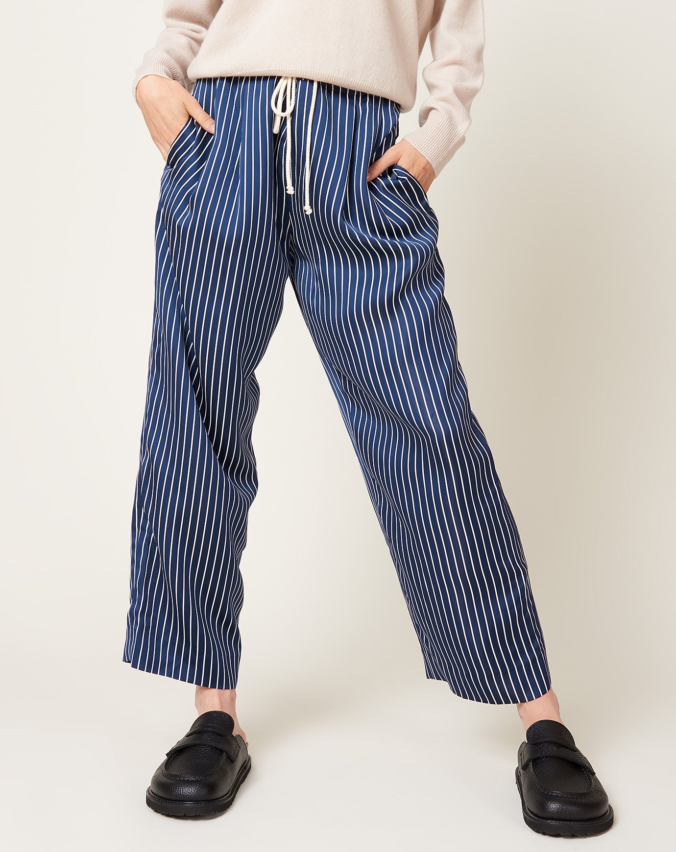 Maria McManus Drawstring Pleat Front Pant in Midnight Stripe