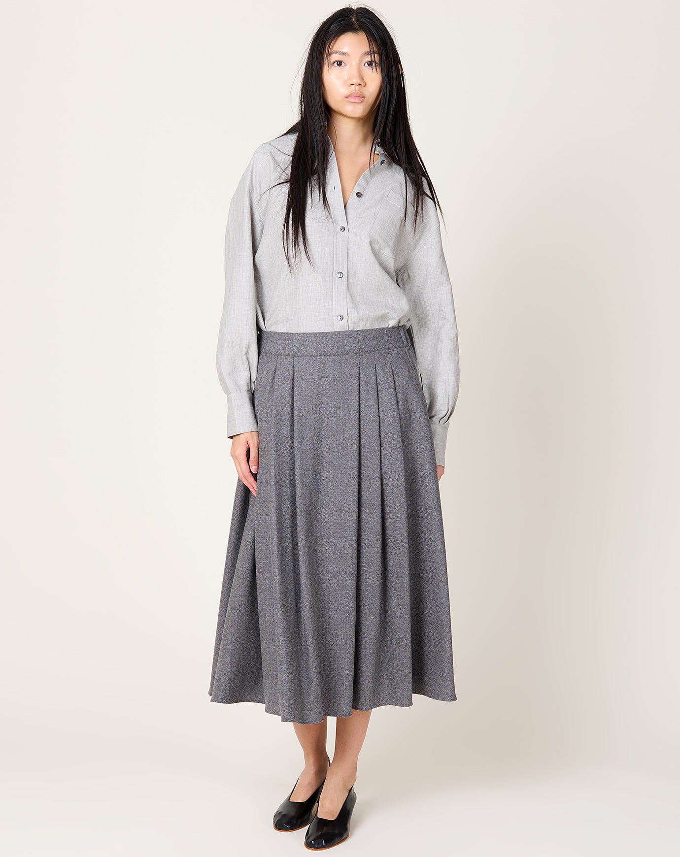 Maria McManus Pleat Front Full Skirt in Charcoal Tweed