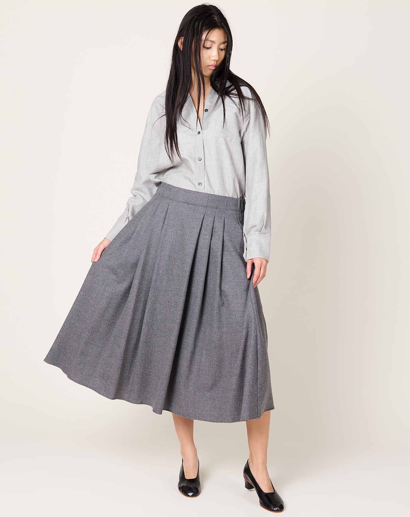 Maria McManus Pleat Front Full Skirt in Charcoal Tweed