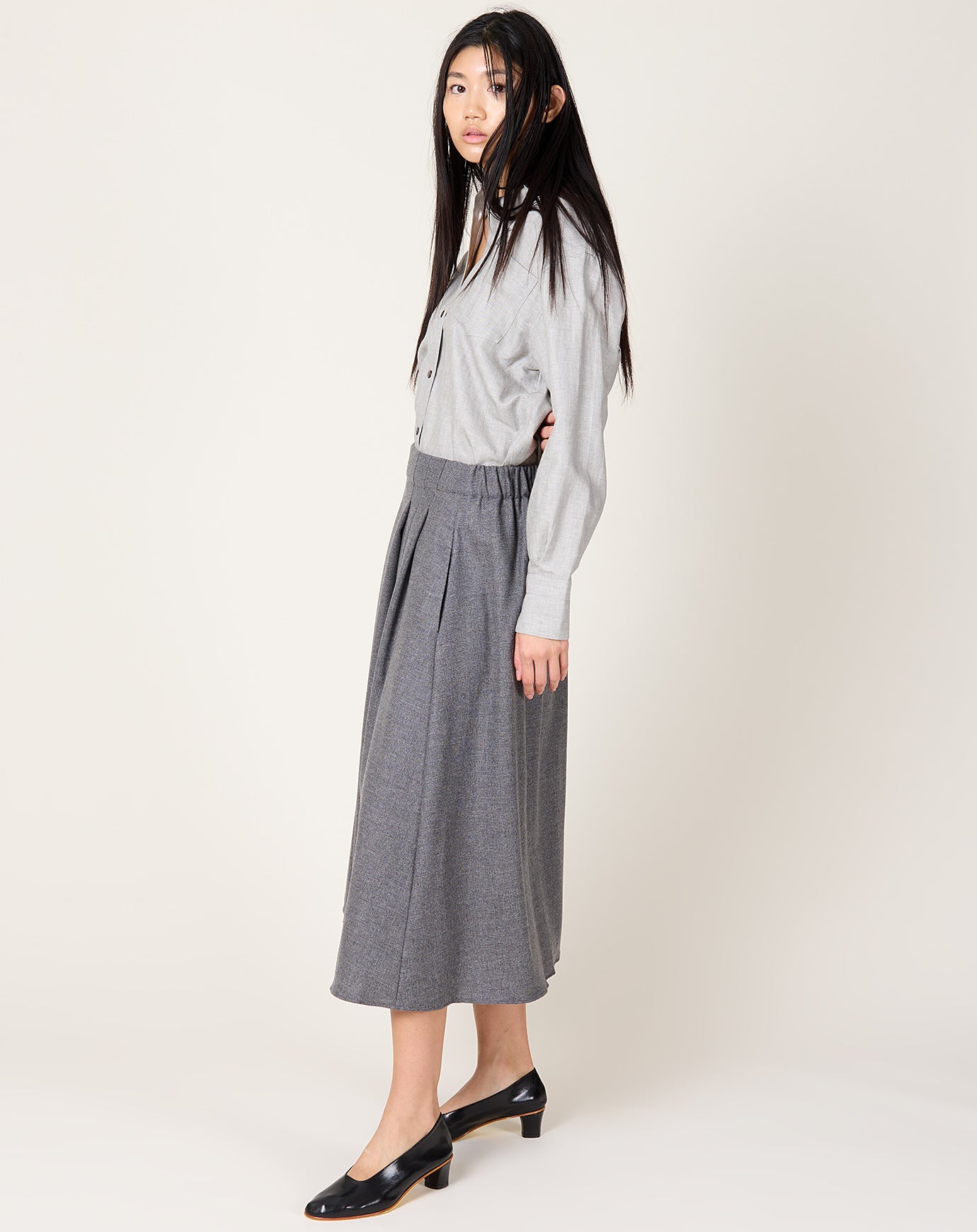 Maria McManus Pleat Front Full Skirt in Charcoal Tweed