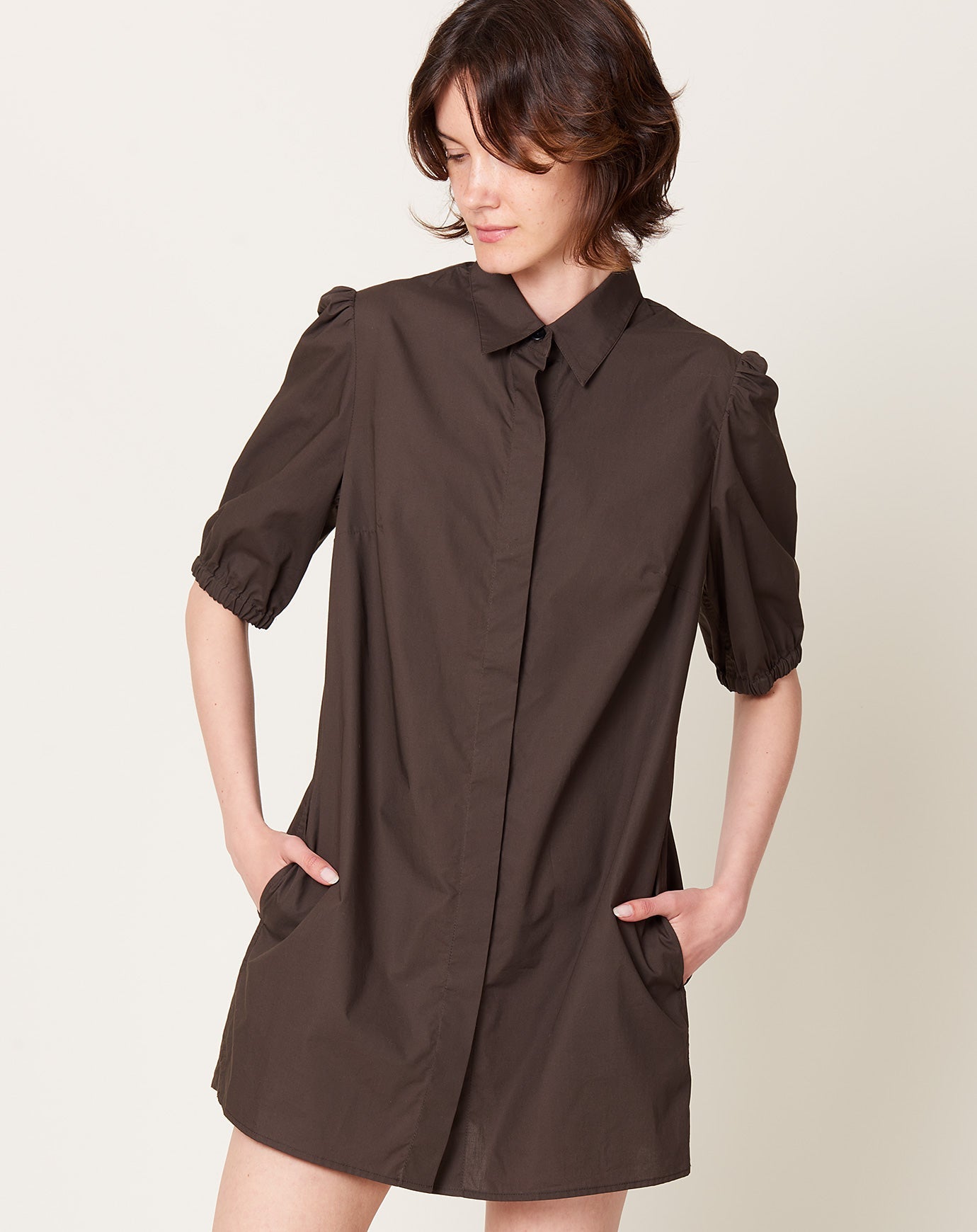 Maria McManus Puff Sleeve Minidress in Chocolate Brown